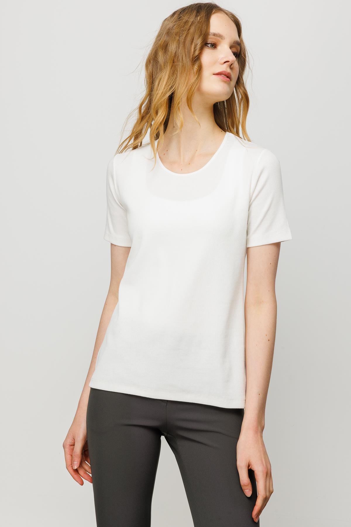 23755Kadın Sıfır Yaka Kısa Kol Pamuk Kaşkorse T-shirt Beyaz