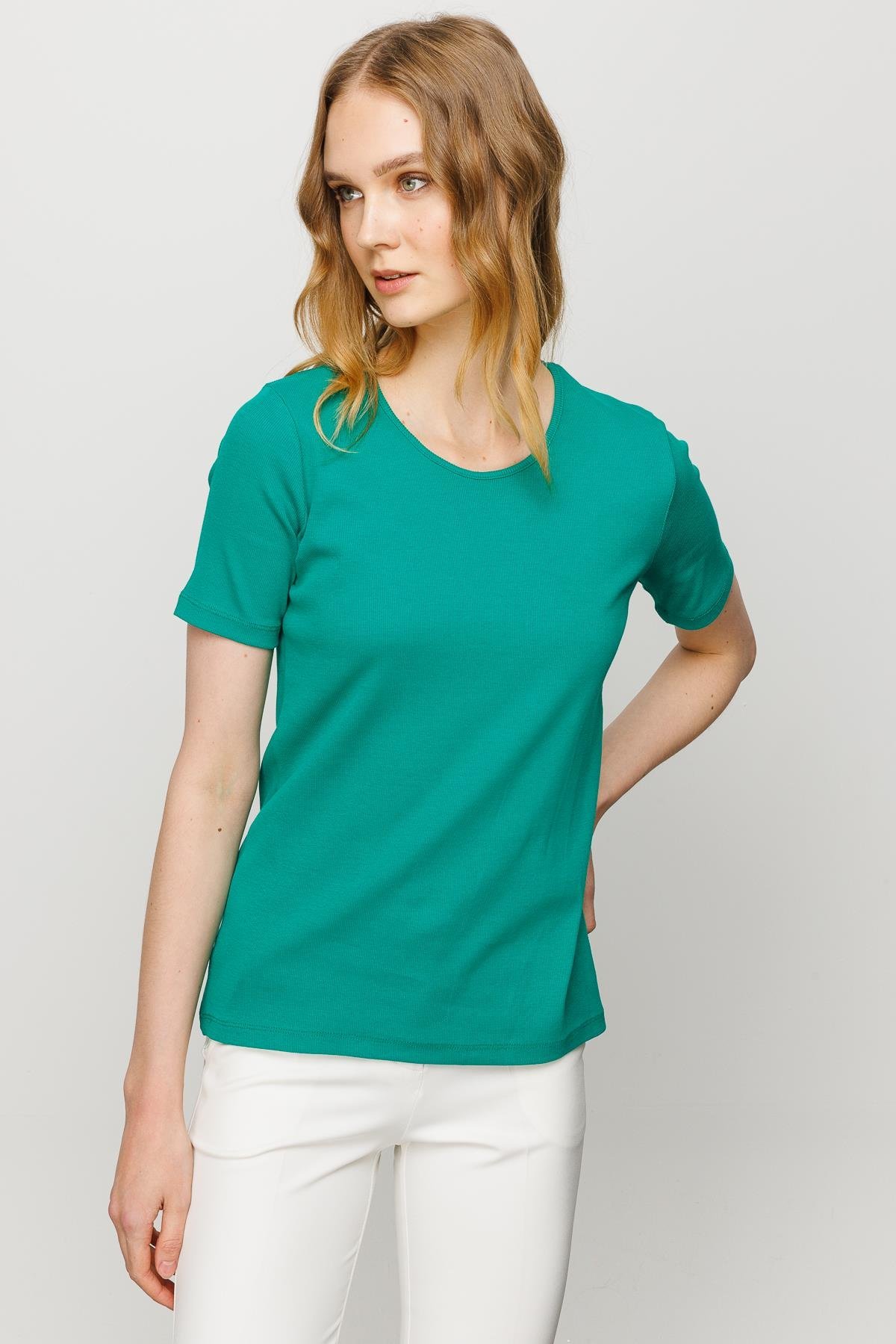 23755Kadın Sıfır Yaka Kısa Kol Pamuk Kaşkorse T-shirt Yeşil