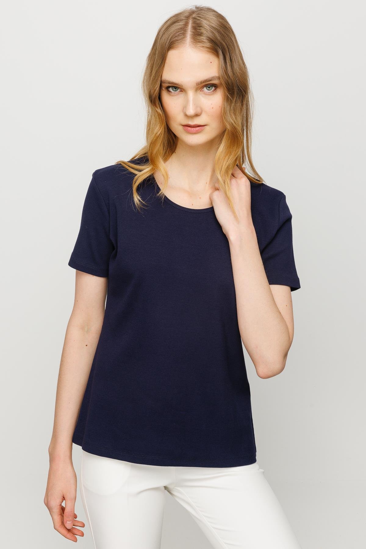 23755Kadın Sıfır Yaka Kısa Kol Pamuk Kaşkorse T-shirt Lacivert