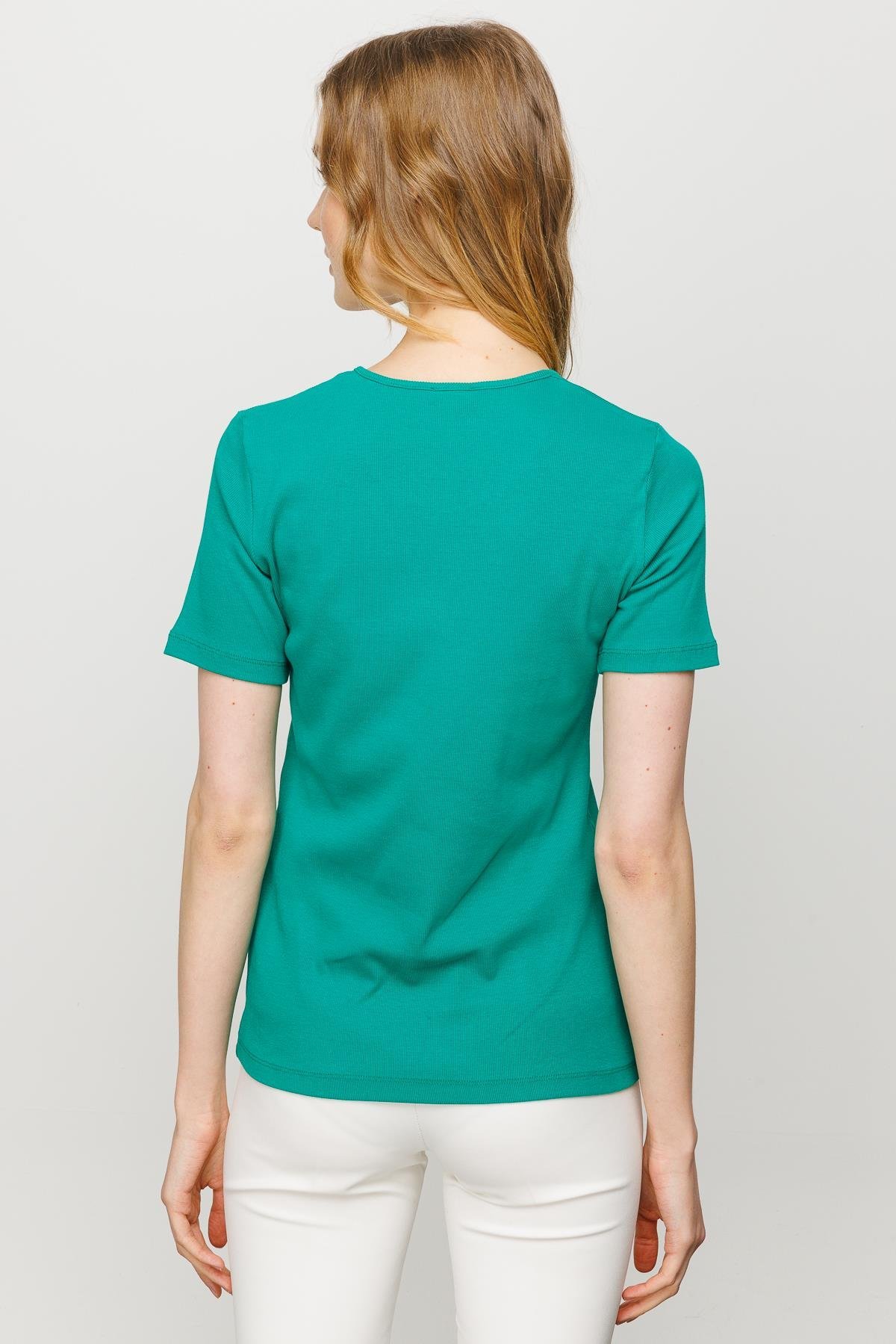 23755Kadın Sıfır Yaka Kısa Kol Pamuk Kaşkorse T-shirt Yeşil