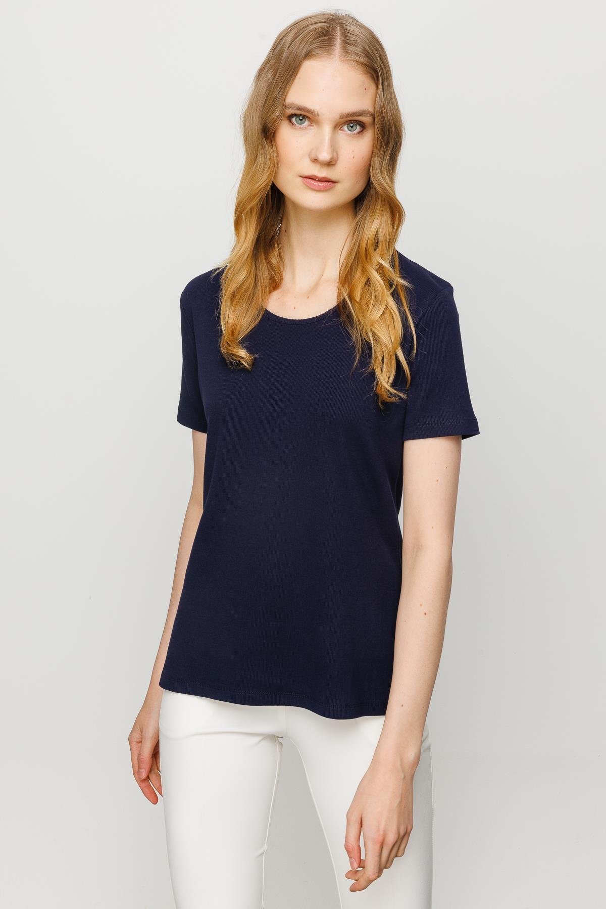 23755Kadın Sıfır Yaka Kısa Kol Pamuk Kaşkorse T-shirt Lacivert