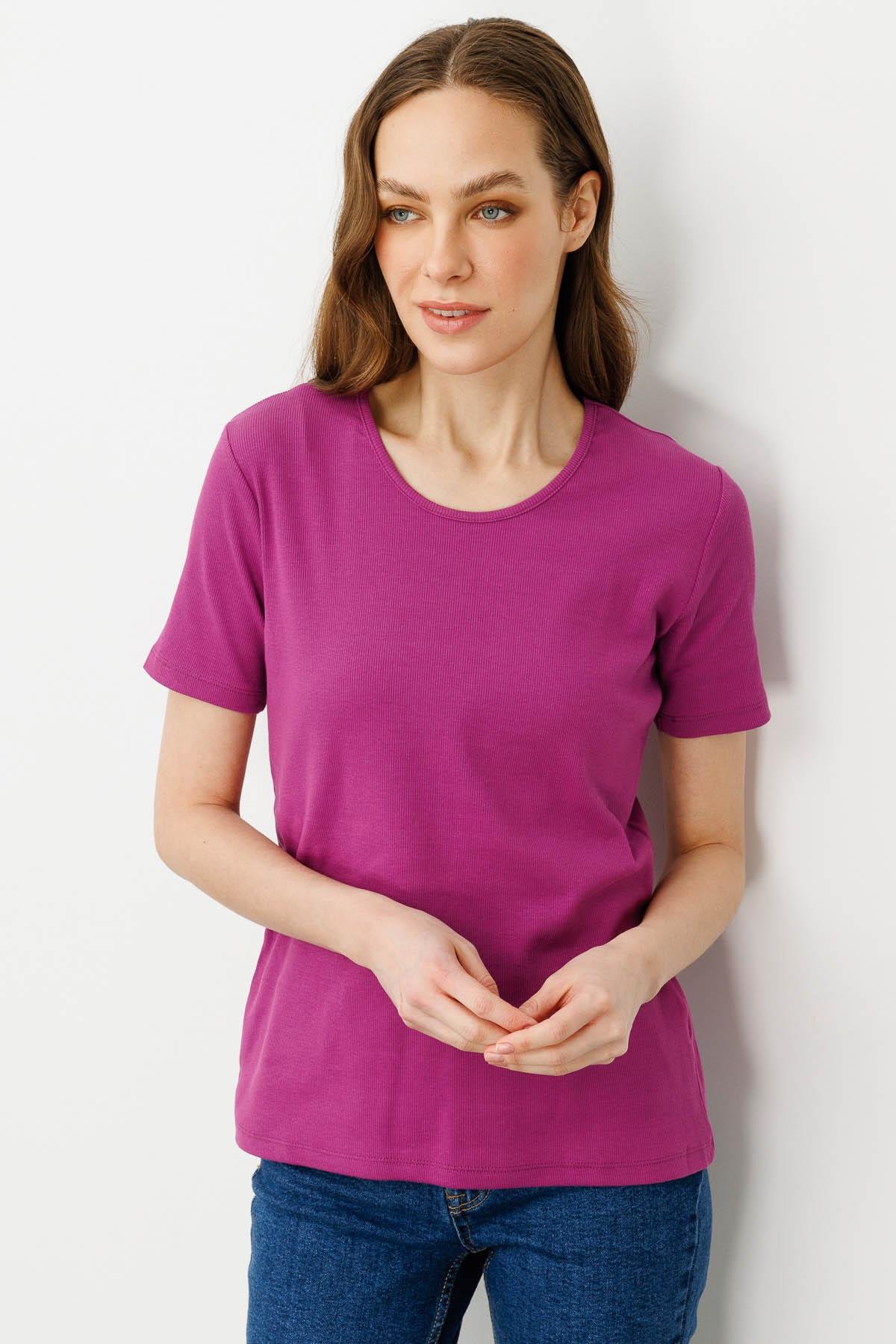 23755Kadın Sıfır Yaka Kısa Kol Pamuk Kaşkorse T-shirt Sıklamen