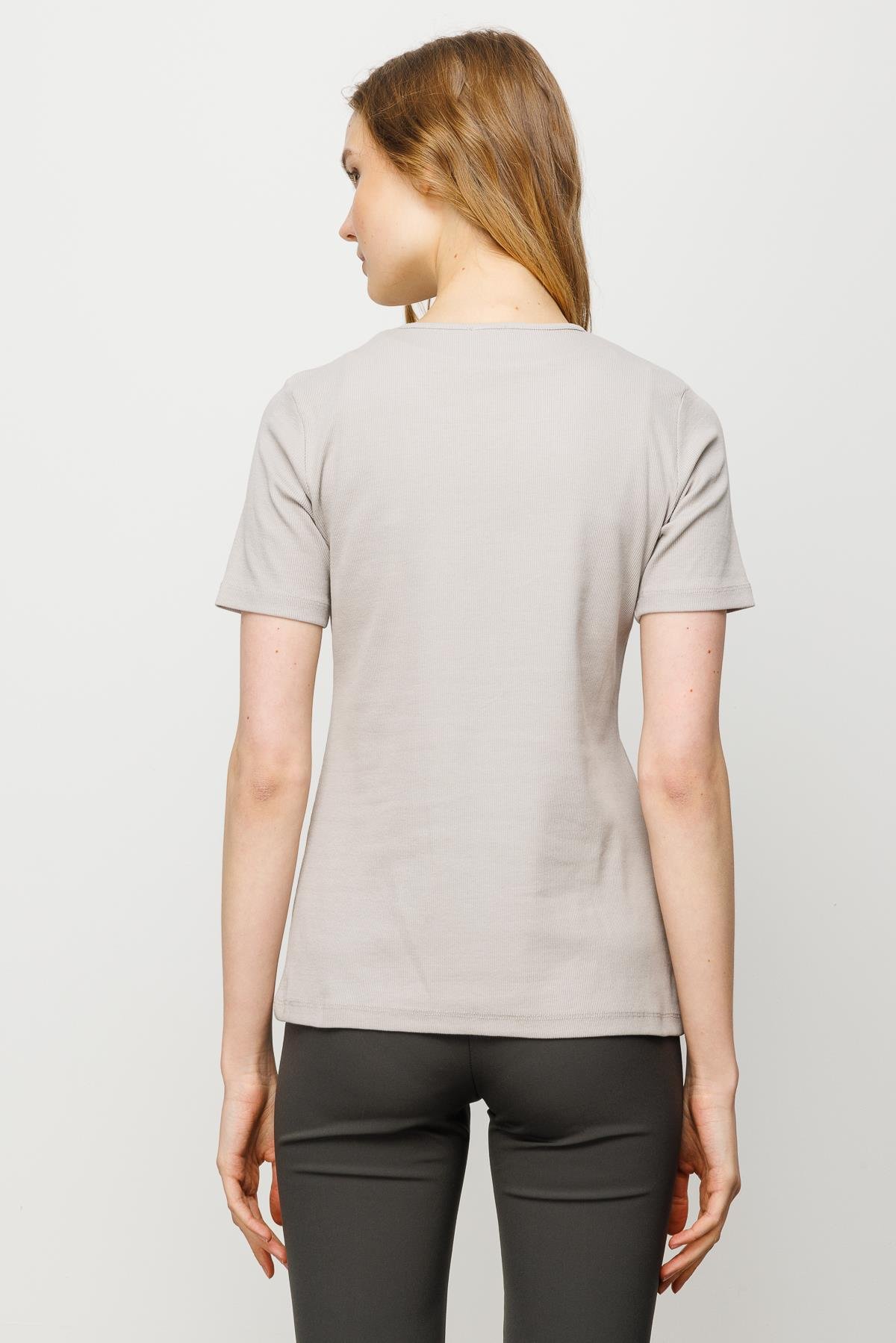 23755Kadın Sıfır Yaka Kısa Kol Pamuk Kaşkorse T-shirt Taş