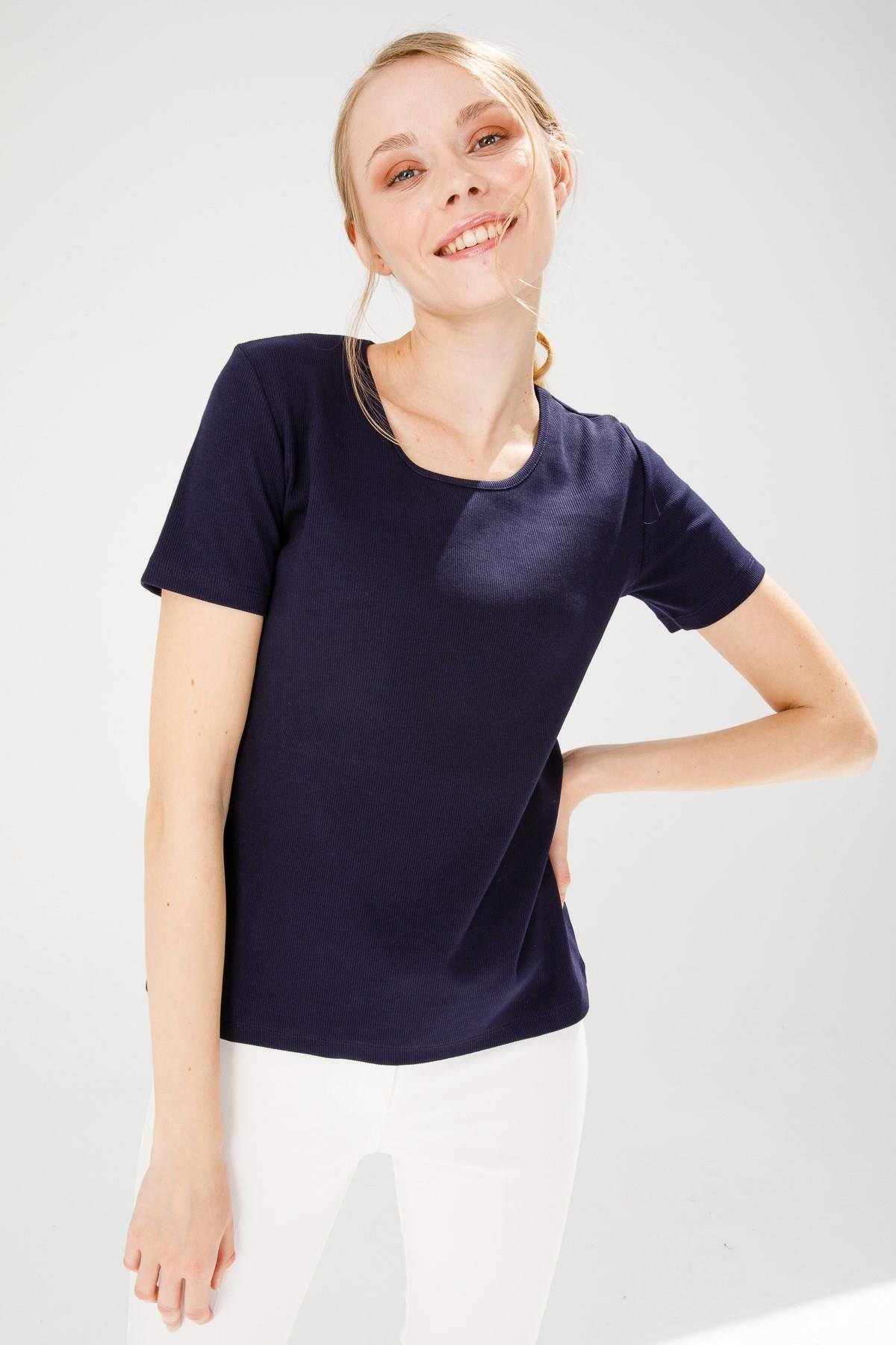 23755Kadın Sıfır Yaka Kısa Kol Pamuk Kaşkorse T-shirt Lacivert