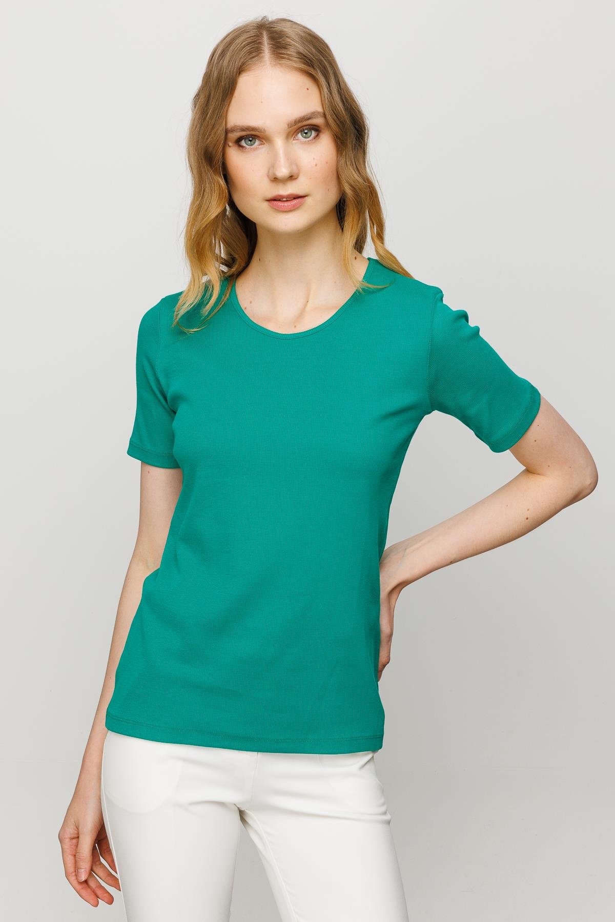 23755Kadın Sıfır Yaka Kısa Kol Pamuk Kaşkorse T-shirt Yeşil