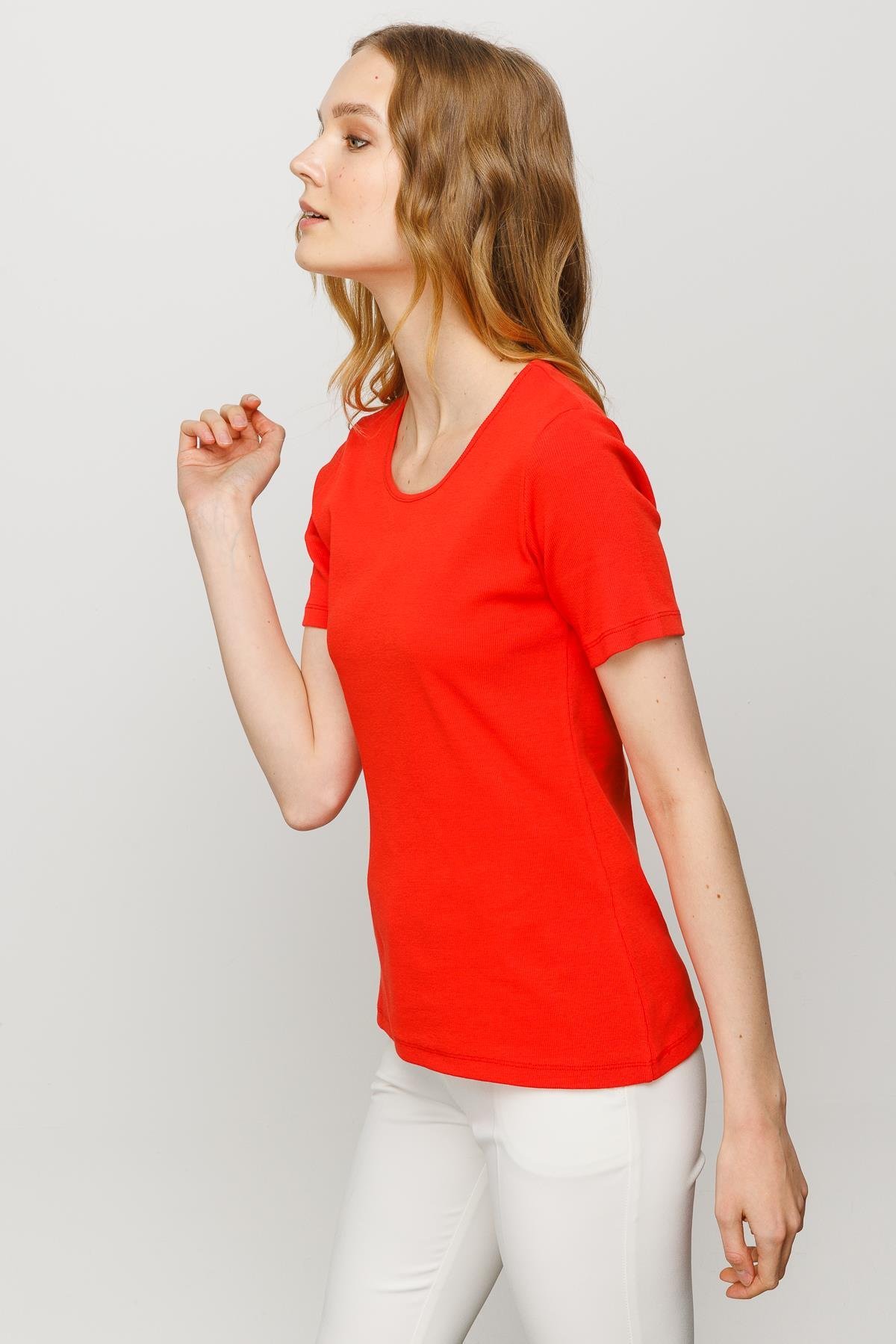 23755Kadın Sıfır Yaka Kısa Kol Pamuk Kaşkorse T-shirt Oranj