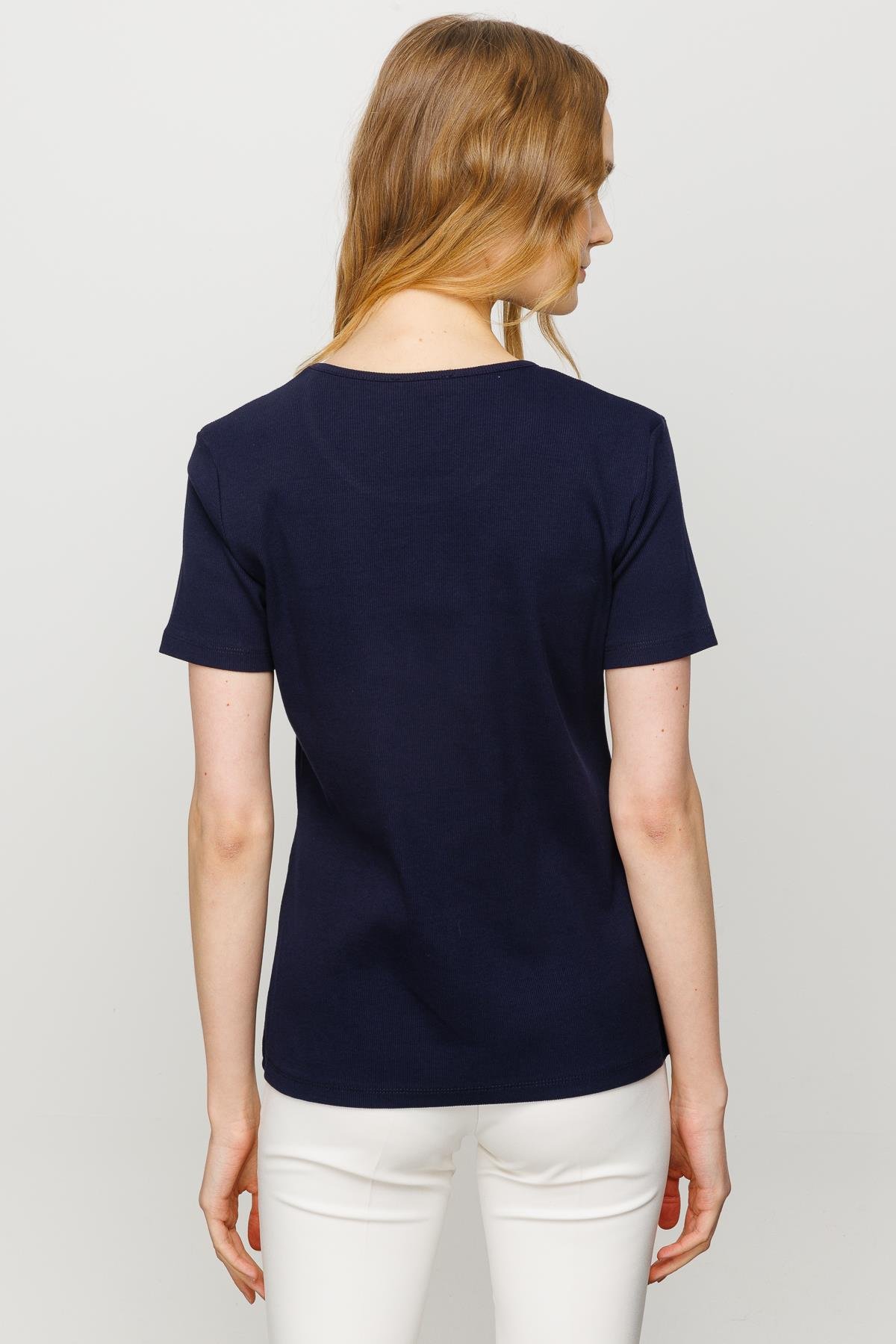 23755Kadın Sıfır Yaka Kısa Kol Pamuk Kaşkorse T-shirt Lacivert