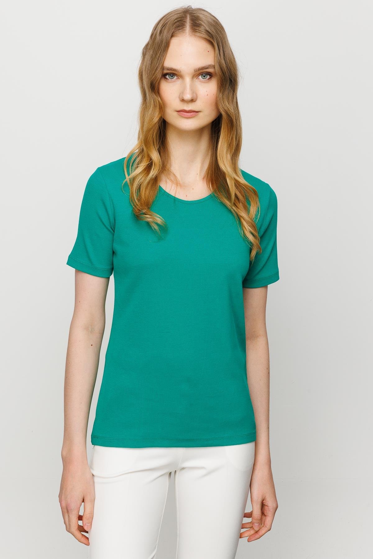 23755Kadın Sıfır Yaka Kısa Kol Pamuk Kaşkorse T-shirt Yeşil
