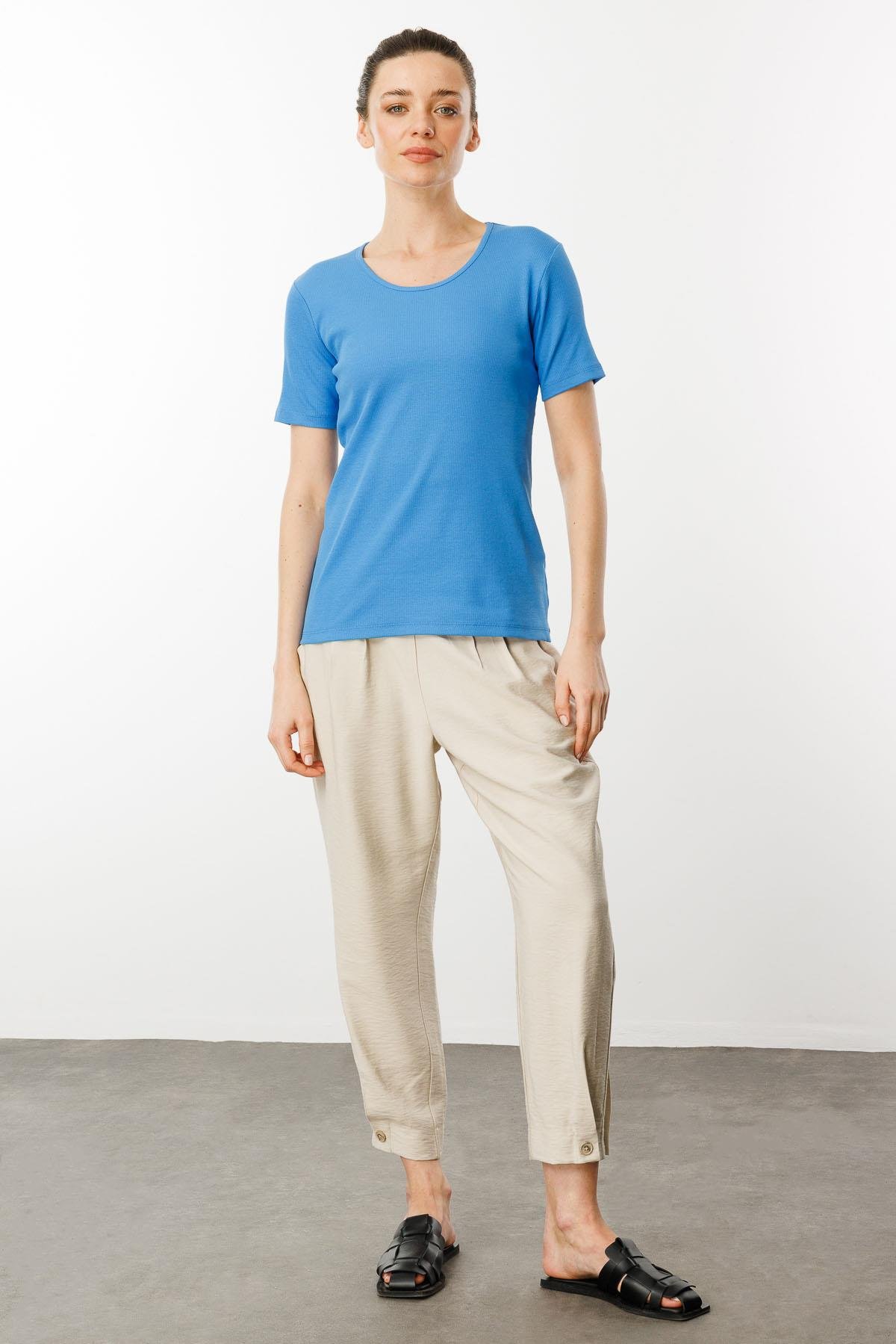 23755Kadın Sıfır Yaka Kısa Kol Pamuk Kaşkorse T-shirt Mavi