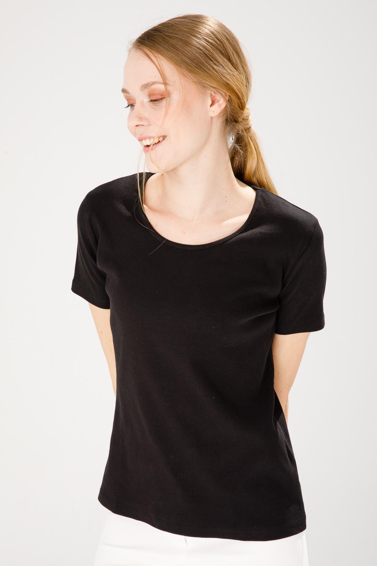 23755Kadın Sıfır Yaka Kısa Kol Pamuk Kaşkorse T-shirt Siyah