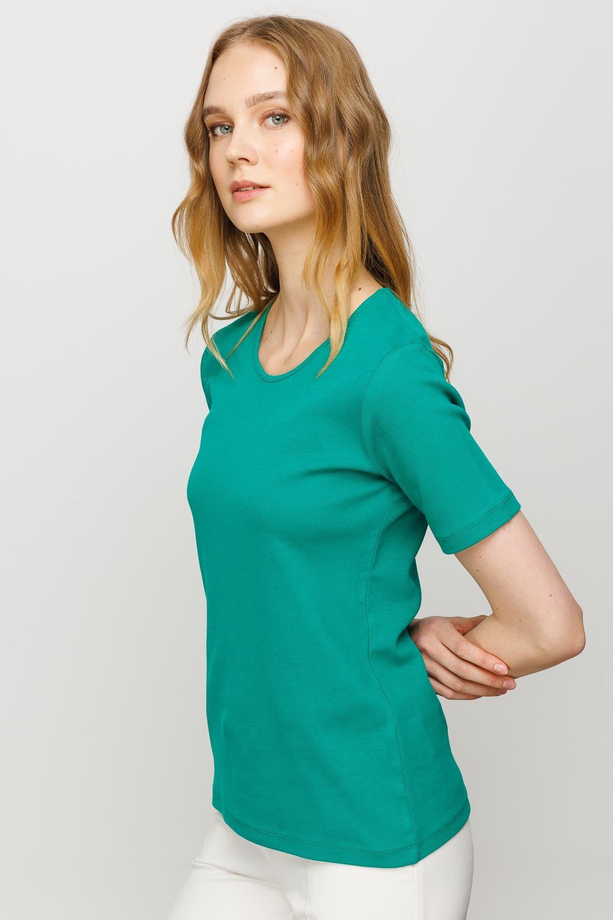 23755Kadın Sıfır Yaka Kısa Kol Pamuk Kaşkorse T-shirt Yeşil