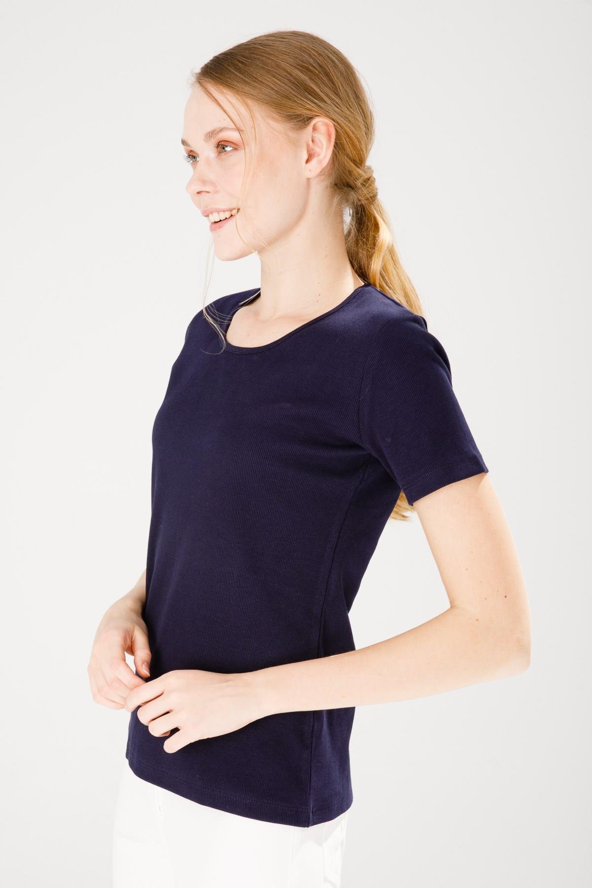 23755Kadın Sıfır Yaka Kısa Kol Pamuk Kaşkorse T-shirt Lacivert