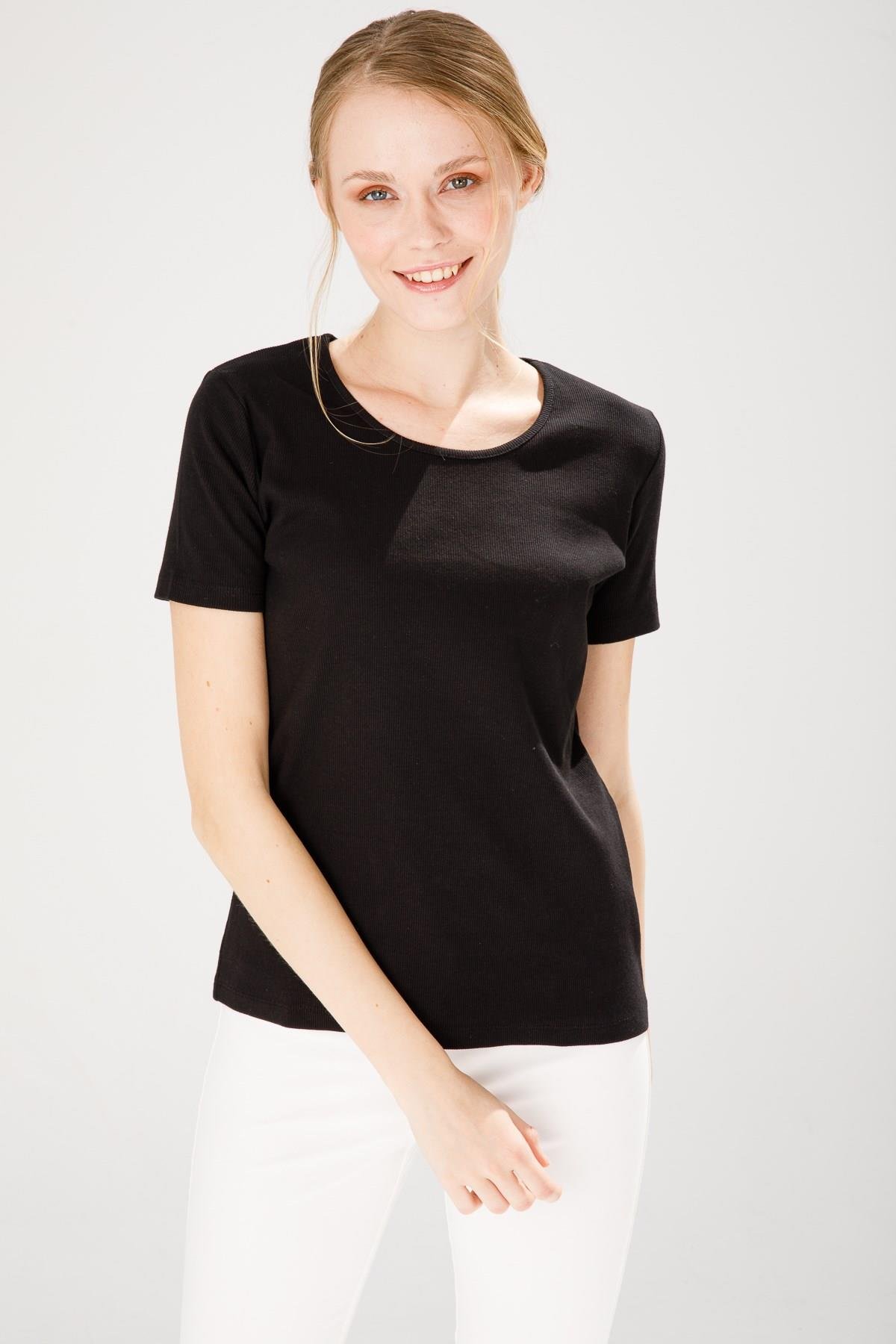 23755Kadın Sıfır Yaka Kısa Kol Pamuk Kaşkorse T-shirt Siyah