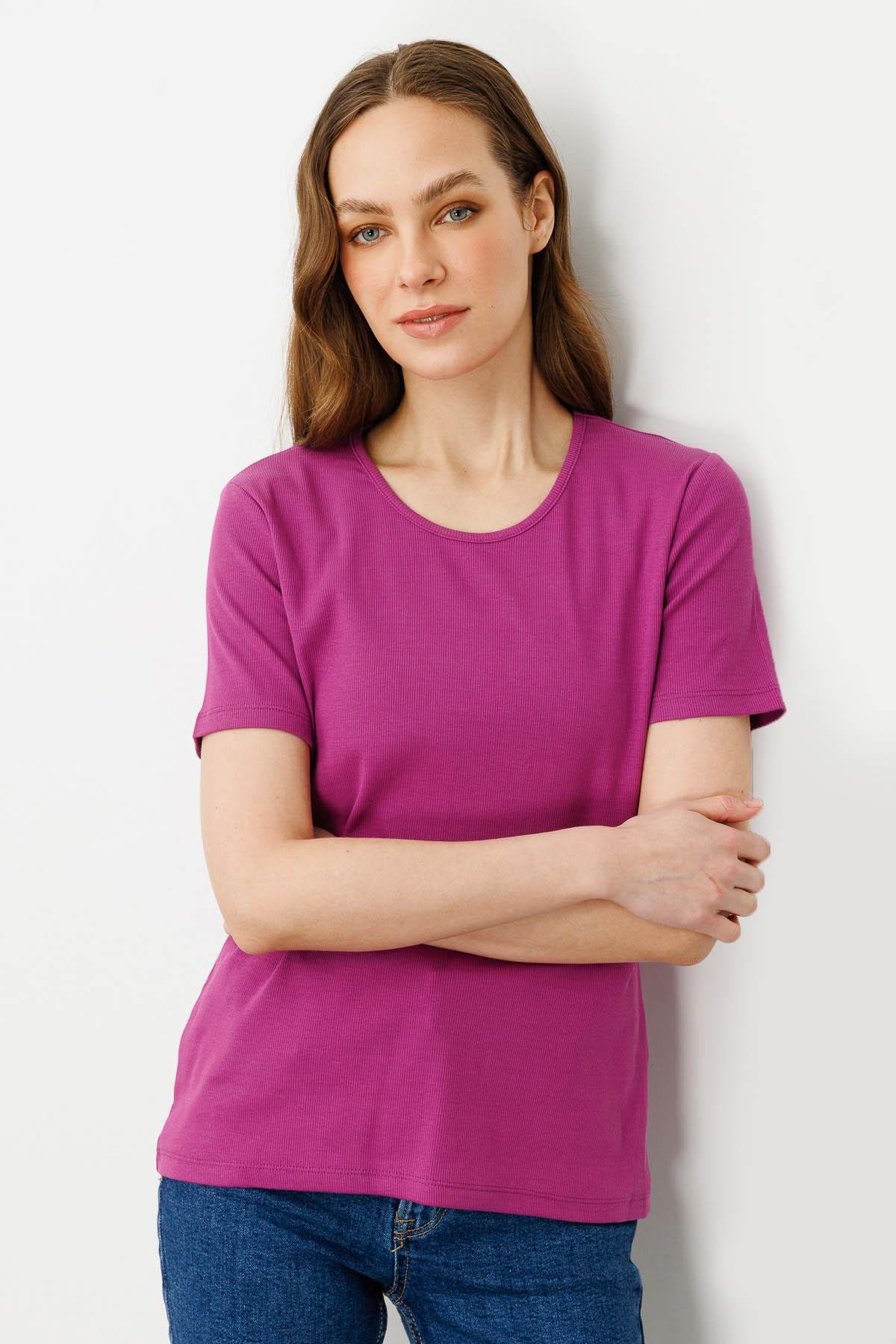 23755Kadın Sıfır Yaka Kısa Kol Pamuk Kaşkorse T-shirt Sıklamen