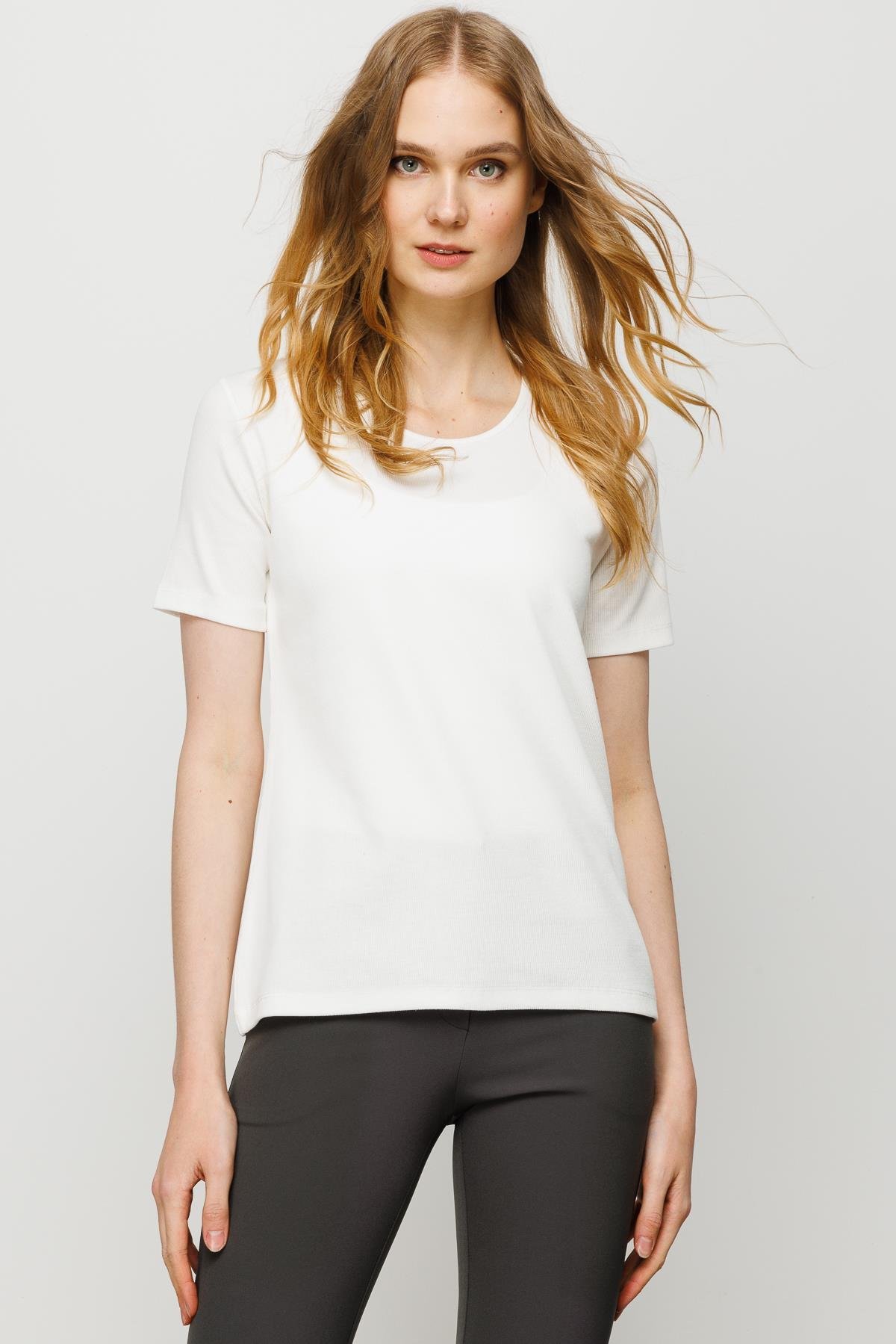 23755Kadın Sıfır Yaka Kısa Kol Pamuk Kaşkorse T-shirt Beyaz