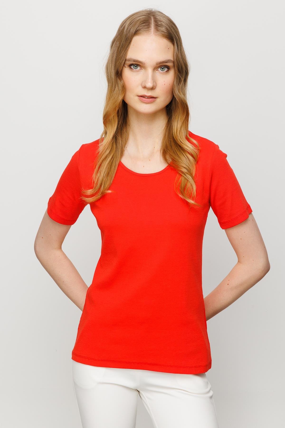 23755Kadın Sıfır Yaka Kısa Kol Pamuk Kaşkorse T-shirt Oranj