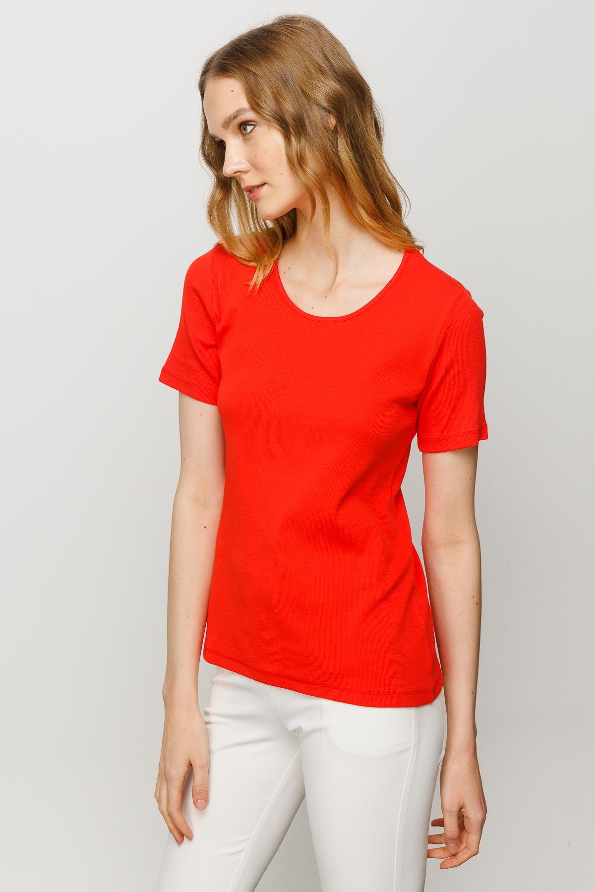 23755Kadın Sıfır Yaka Kısa Kol Pamuk Kaşkorse T-shirt Oranj