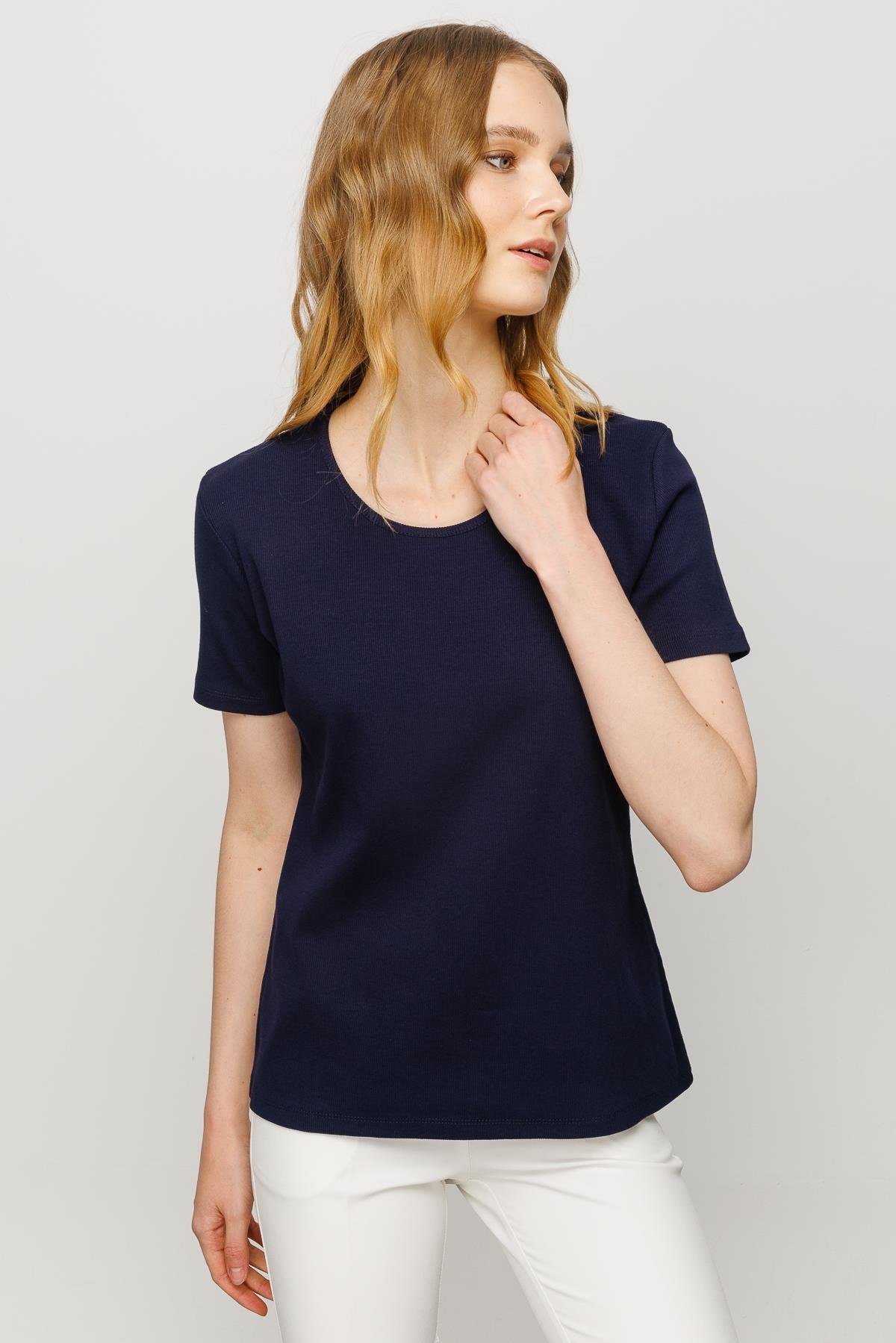 23755Kadın Sıfır Yaka Kısa Kol Pamuk Kaşkorse T-shirt Lacivert