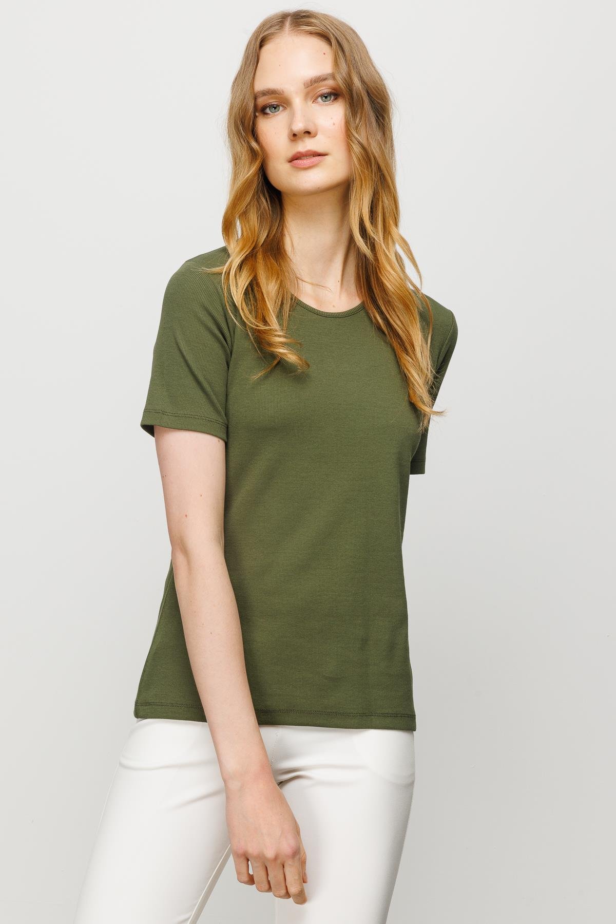 23755Kadın Sıfır Yaka Kısa Kol Pamuk Kaşkorse T-shirt Haki