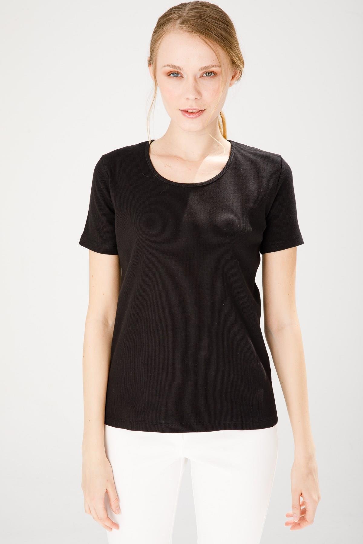 23755Kadın Sıfır Yaka Kısa Kol Pamuk Kaşkorse T-shirt Siyah