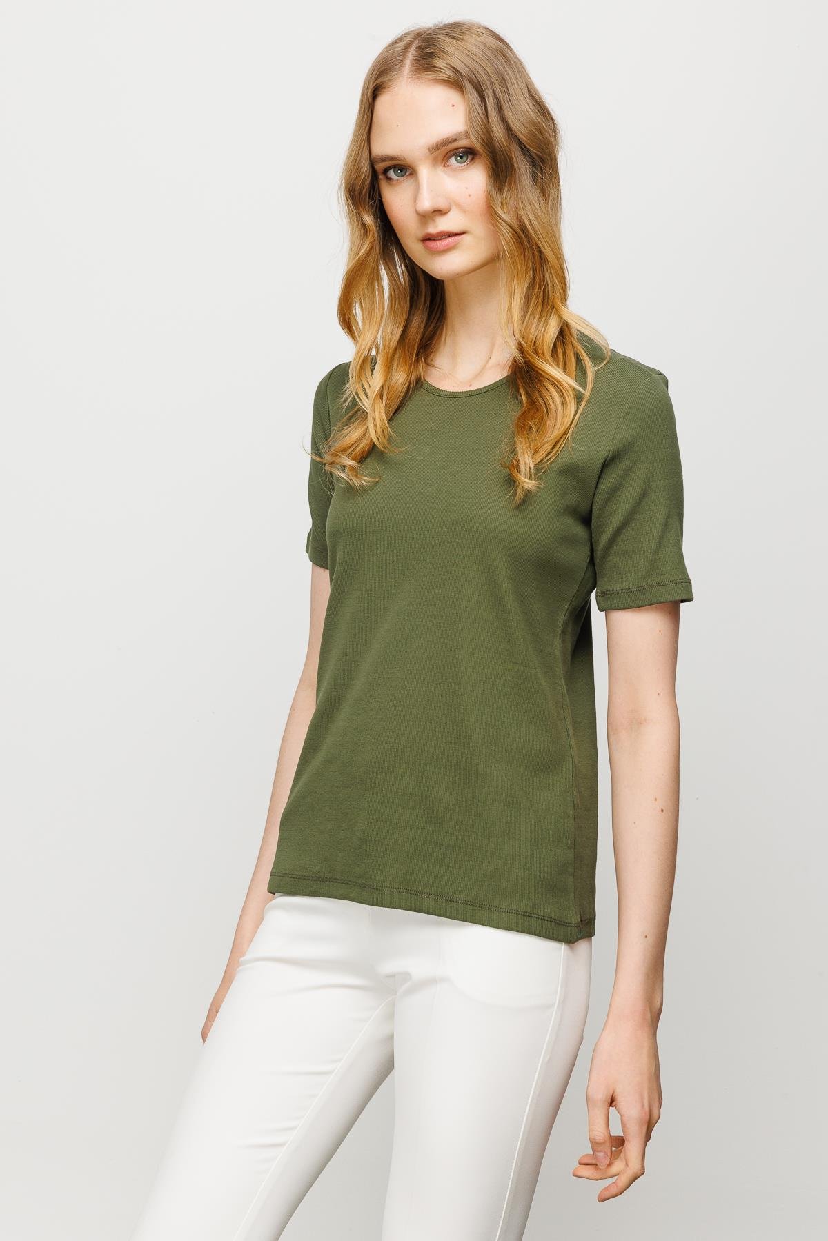 23755Kadın Sıfır Yaka Kısa Kol Pamuk Kaşkorse T-shirt Haki