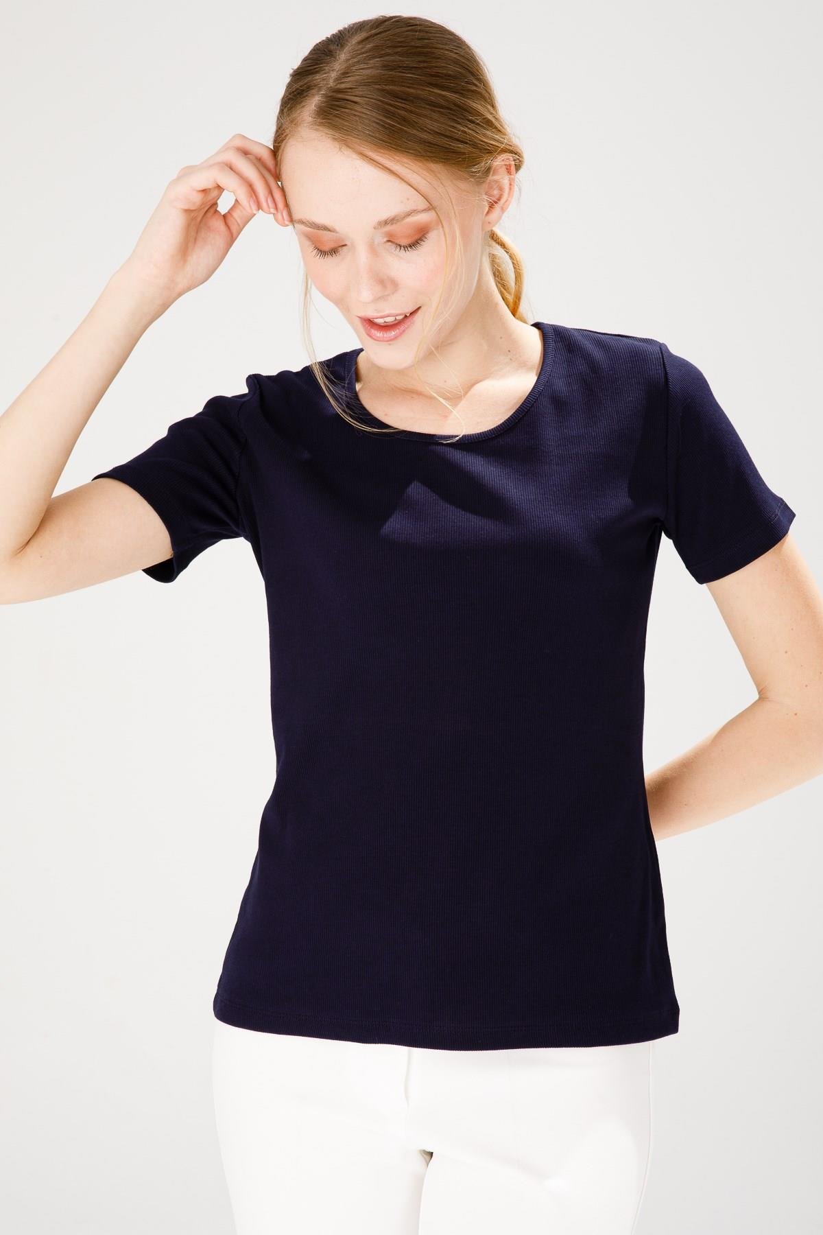 23755Kadın Sıfır Yaka Kısa Kol Pamuk Kaşkorse T-shirt Lacivert