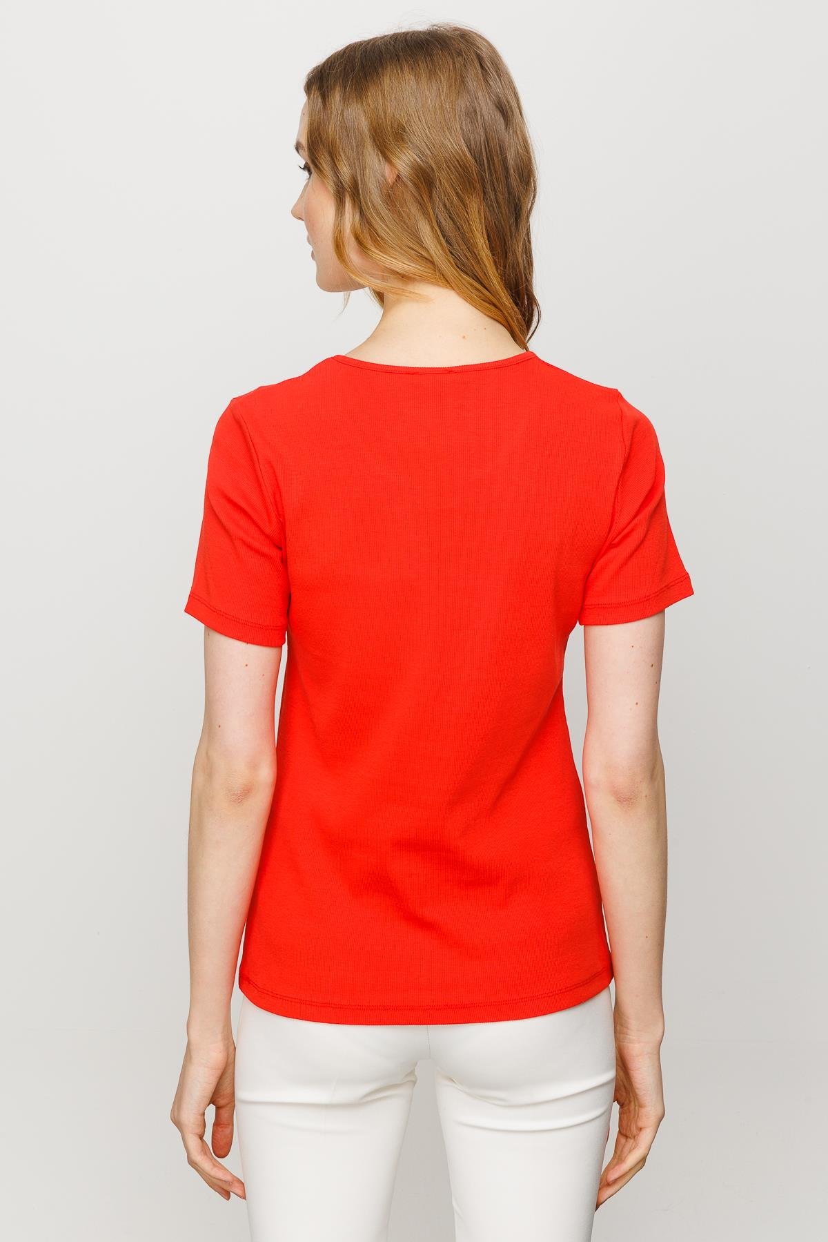 23755Kadın Sıfır Yaka Kısa Kol Pamuk Kaşkorse T-shirt Oranj