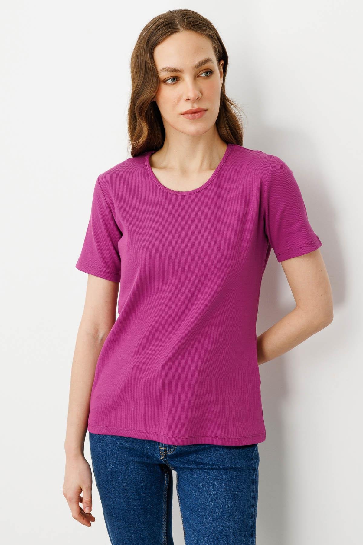 23755Kadın Sıfır Yaka Kısa Kol Pamuk Kaşkorse T-shirt Sıklamen