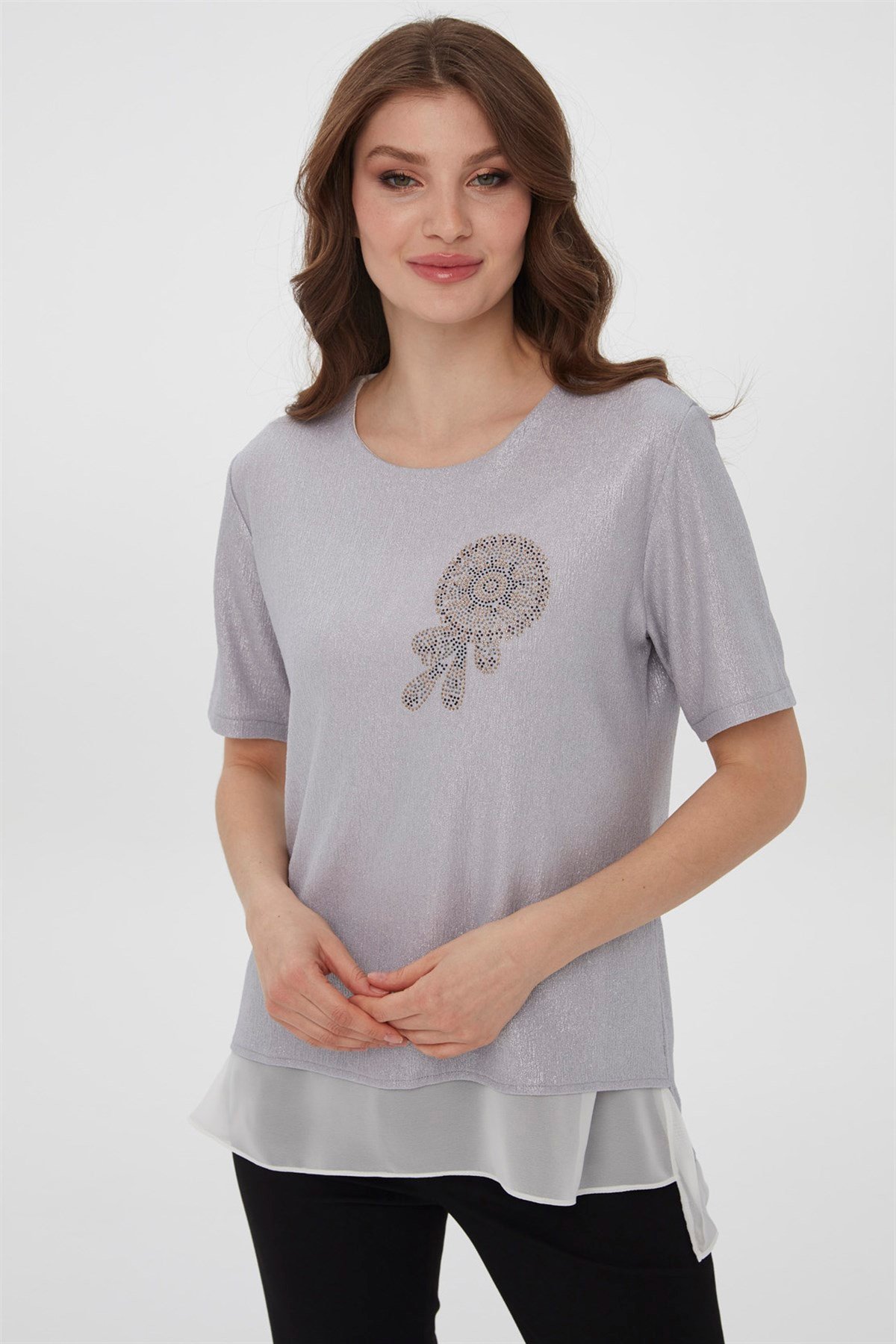 21963Women's Crew Neck Short Sleeve Chiffon Shiny Fabric Blouse Silver