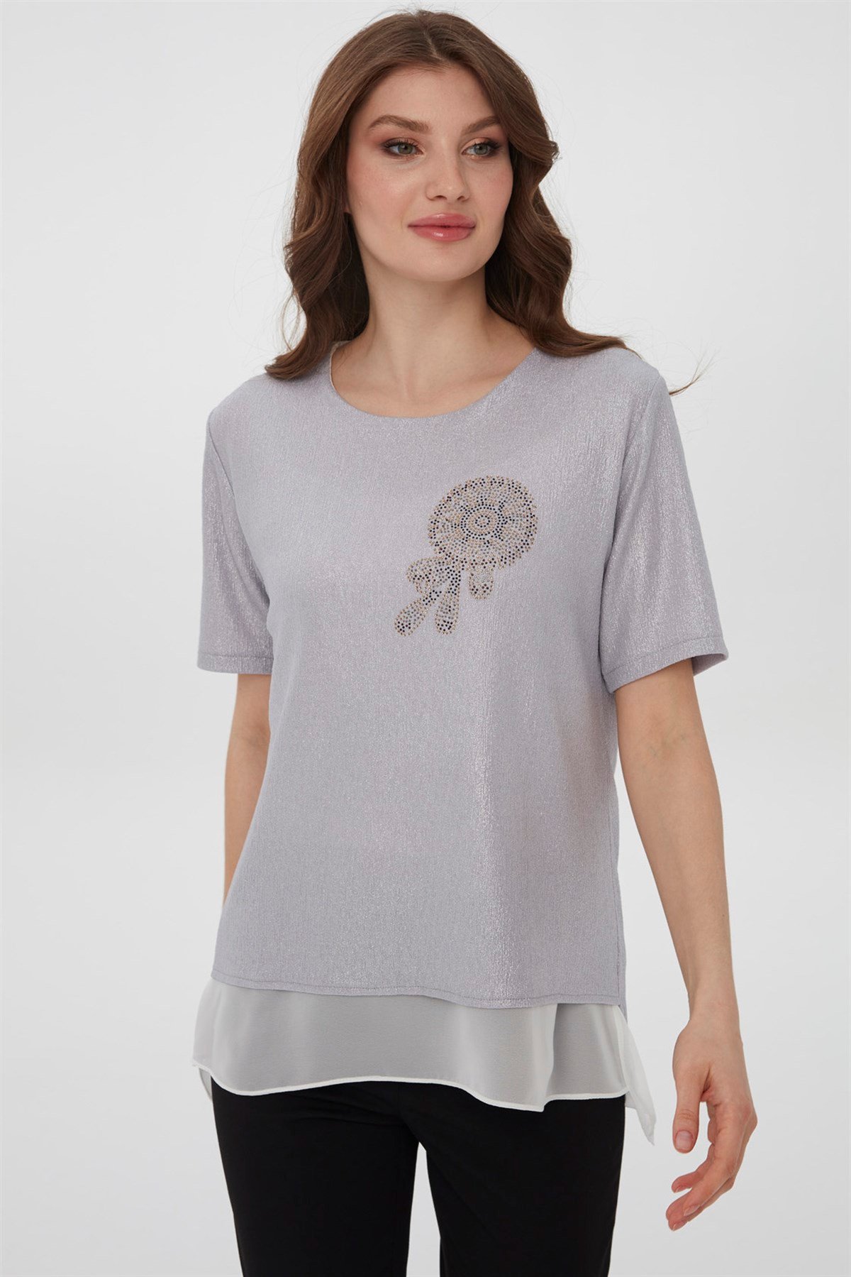 21963Women's Crew Neck Short Sleeve Chiffon Shiny Fabric Blouse Silver