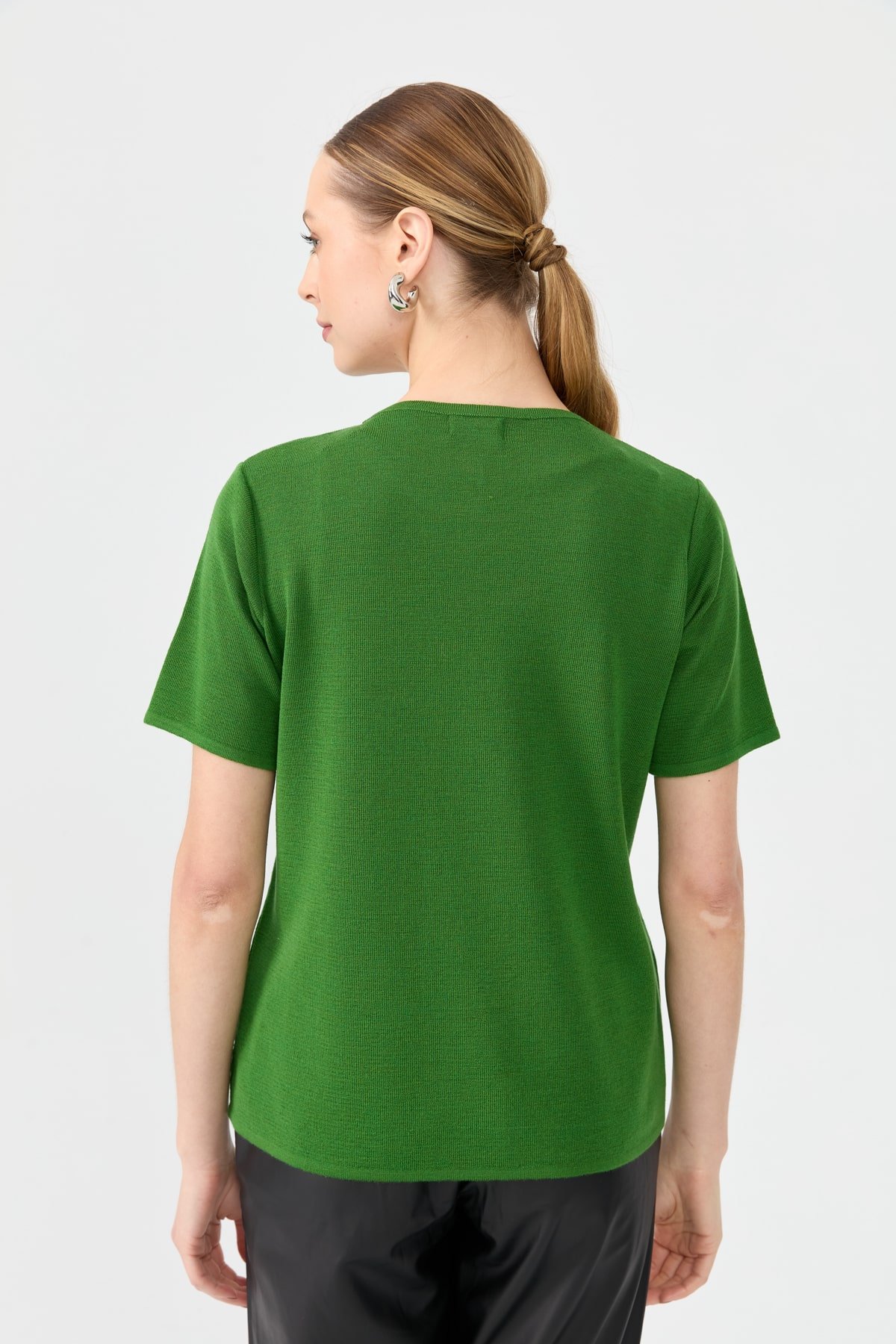 24112Kadın Sıfır Yaka Kısa Kollu Basic Yün Bluz K.Yosun