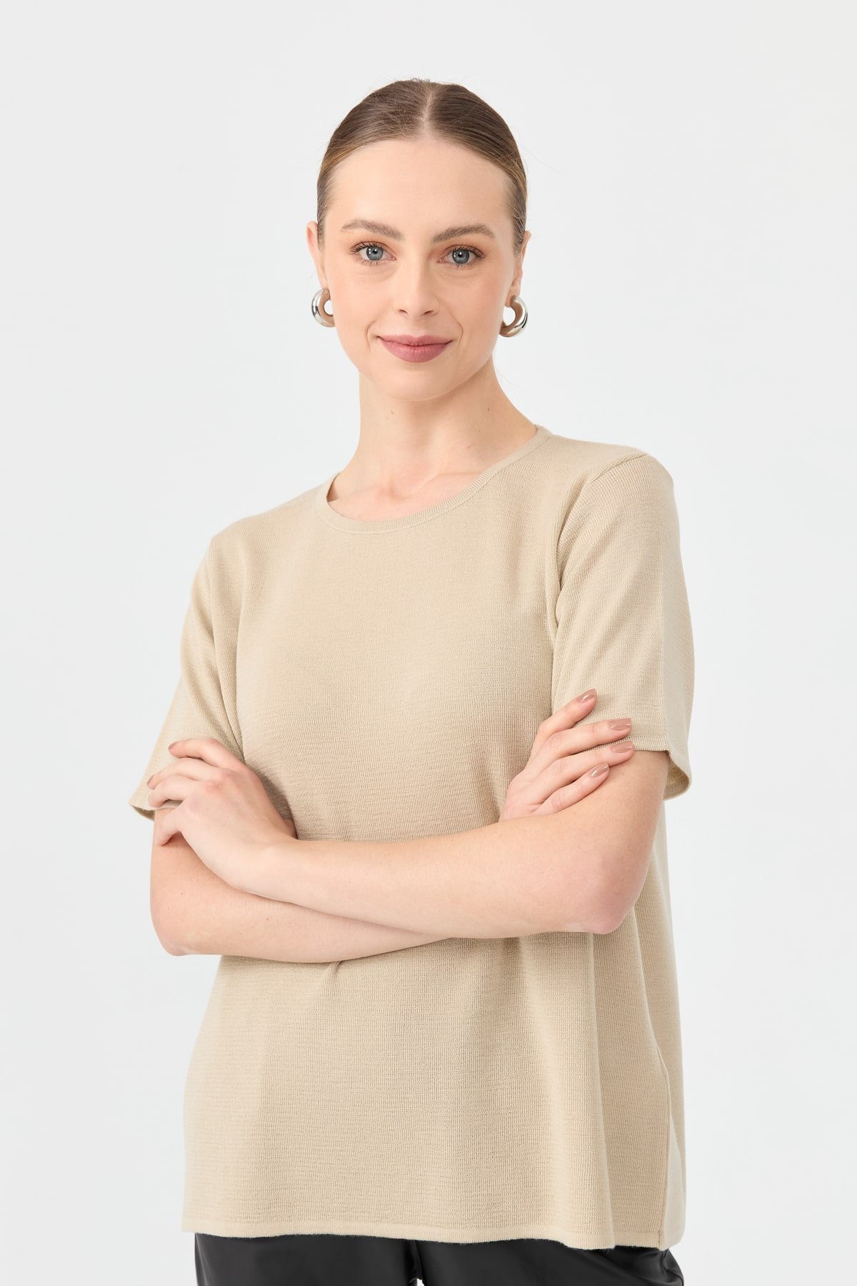 24112Kadın Sıfır Yaka Kısa Kollu Basic Yün Bluz M.Bej