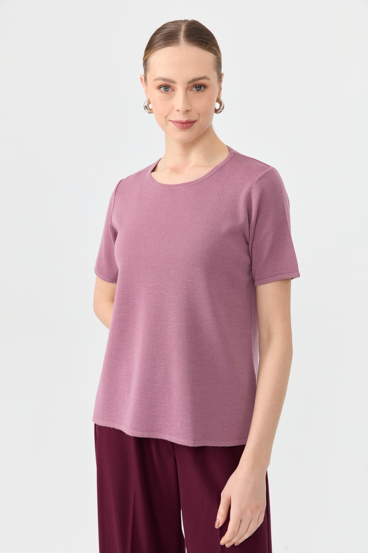 24112Kadın Sıfır Yaka Kısa Kollu Basic Yün Bluz G.Kurusu