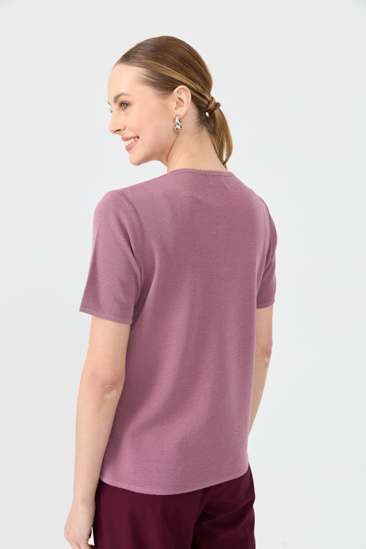 24112Kadın Sıfır Yaka Kısa Kollu Basic Yün Bluz G.Kurusu