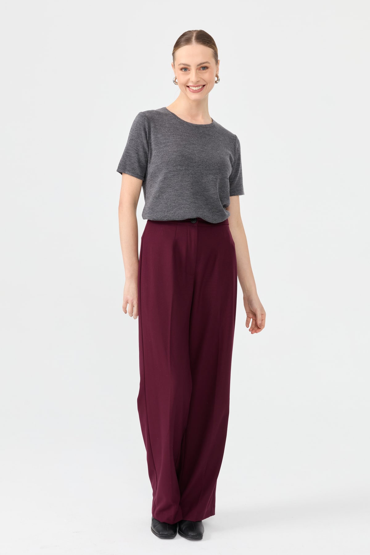 24112Kadın Sıfır Yaka Kısa Kollu Basic Yün Bluz A.Füme