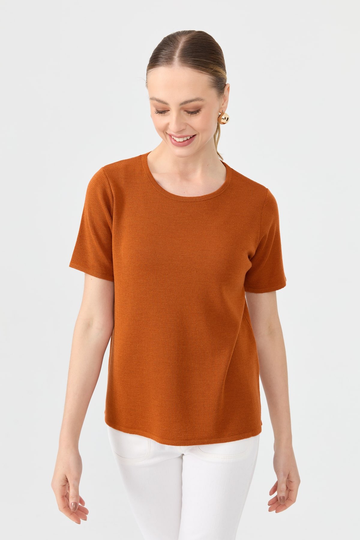 24112Kadın Sıfır Yaka Kısa Kollu Basic Yün Bluz A.Kiremit