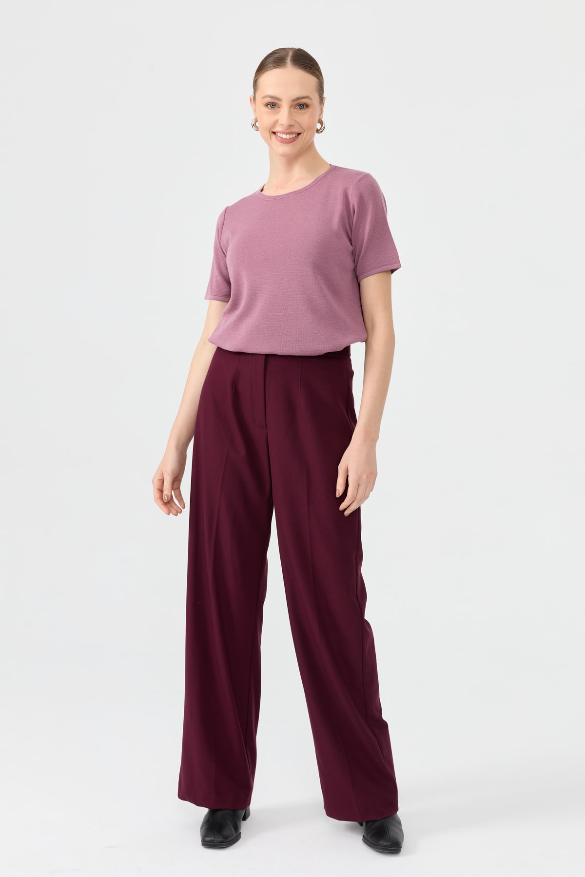 24112Kadın Sıfır Yaka Kısa Kollu Basic Yün Bluz G.Kurusu