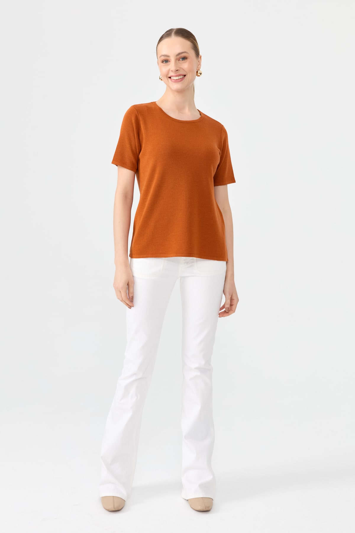 24112Kadın Sıfır Yaka Kısa Kollu Basic Yün Bluz A.Kiremit