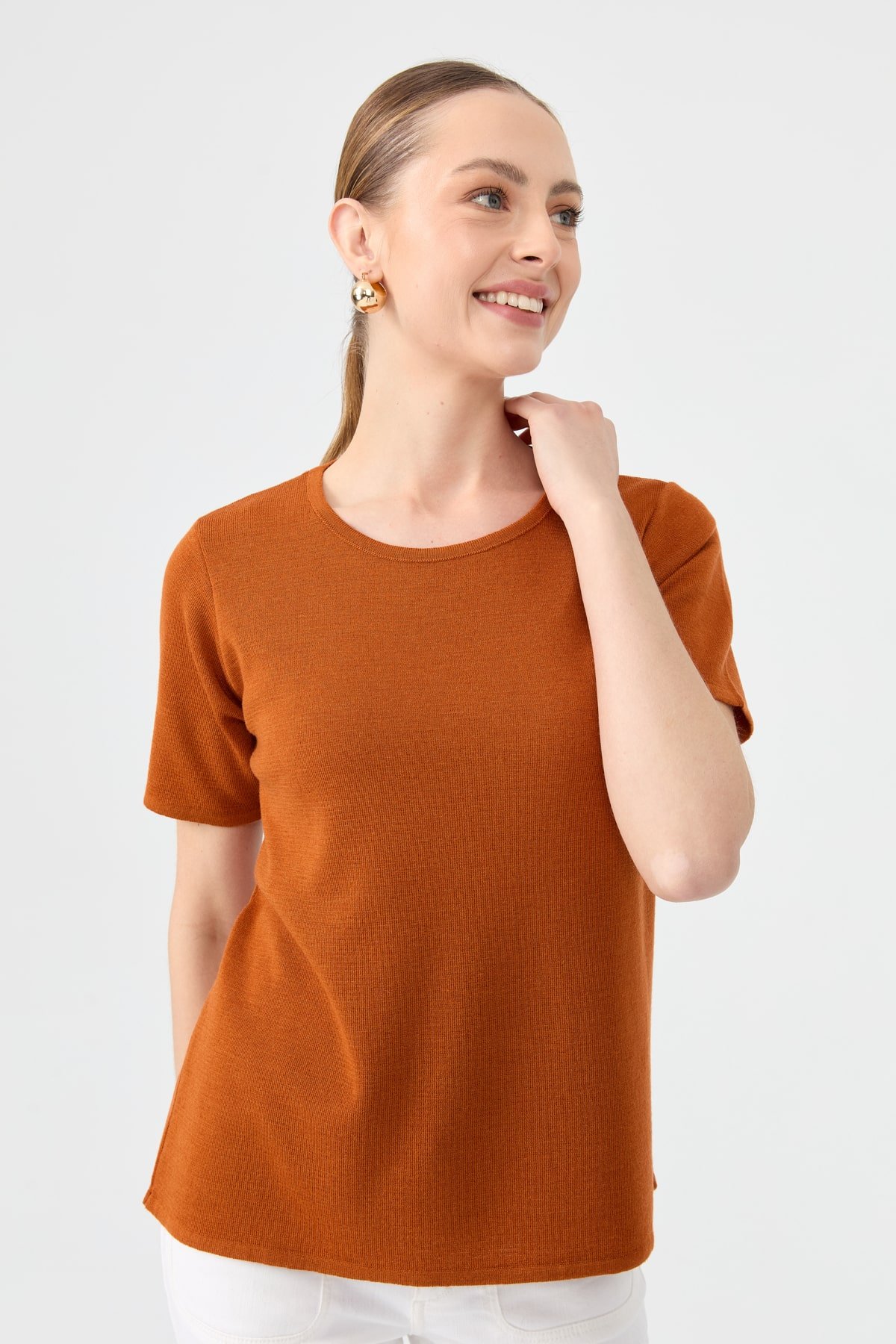 24112Kadın Sıfır Yaka Kısa Kollu Basic Yün Bluz A.Kiremit