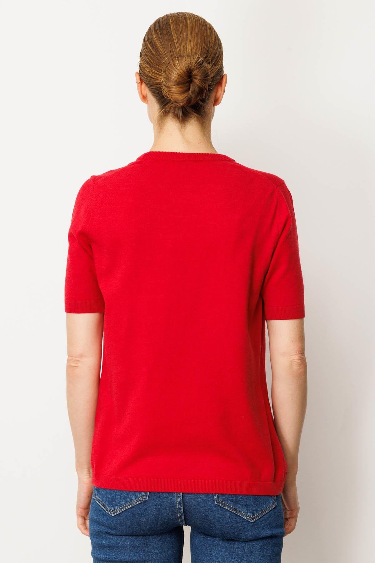 25392Kadın Sıfır Yaka Kısa Kollu Düz Bluz K.Kırmızı