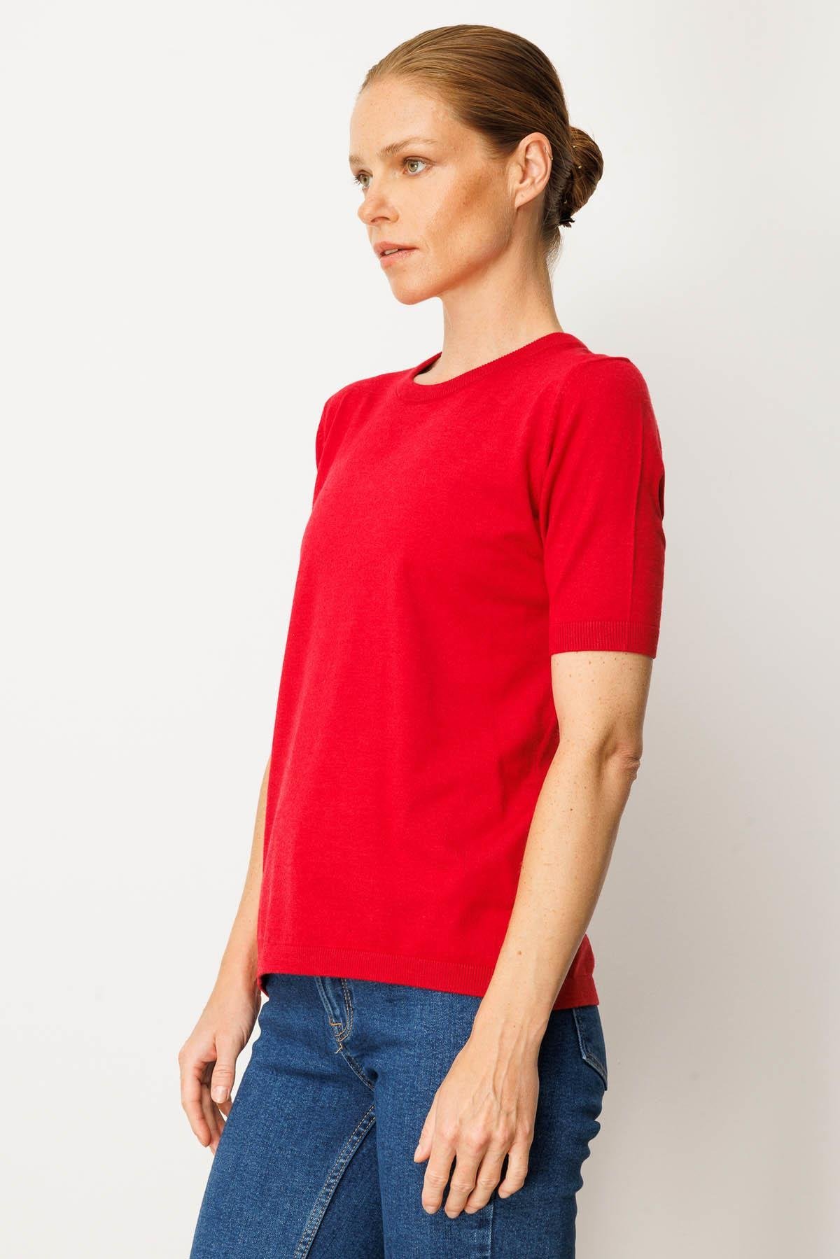 25392Kadın Sıfır Yaka Kısa Kollu Düz Bluz K.Kırmızı