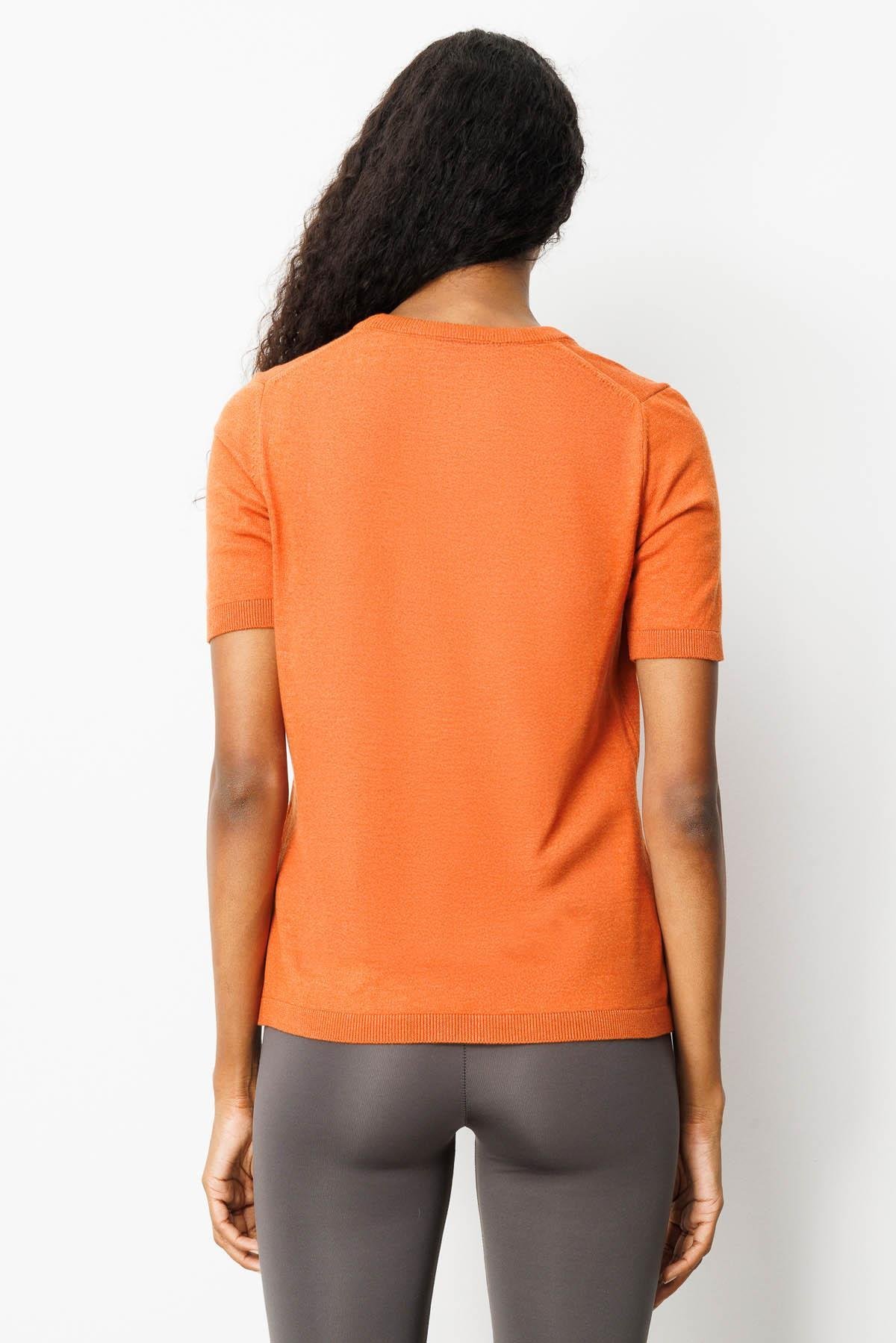 25392Kadın Sıfır Yaka Kısa Kollu Düz Bluz Turuncu