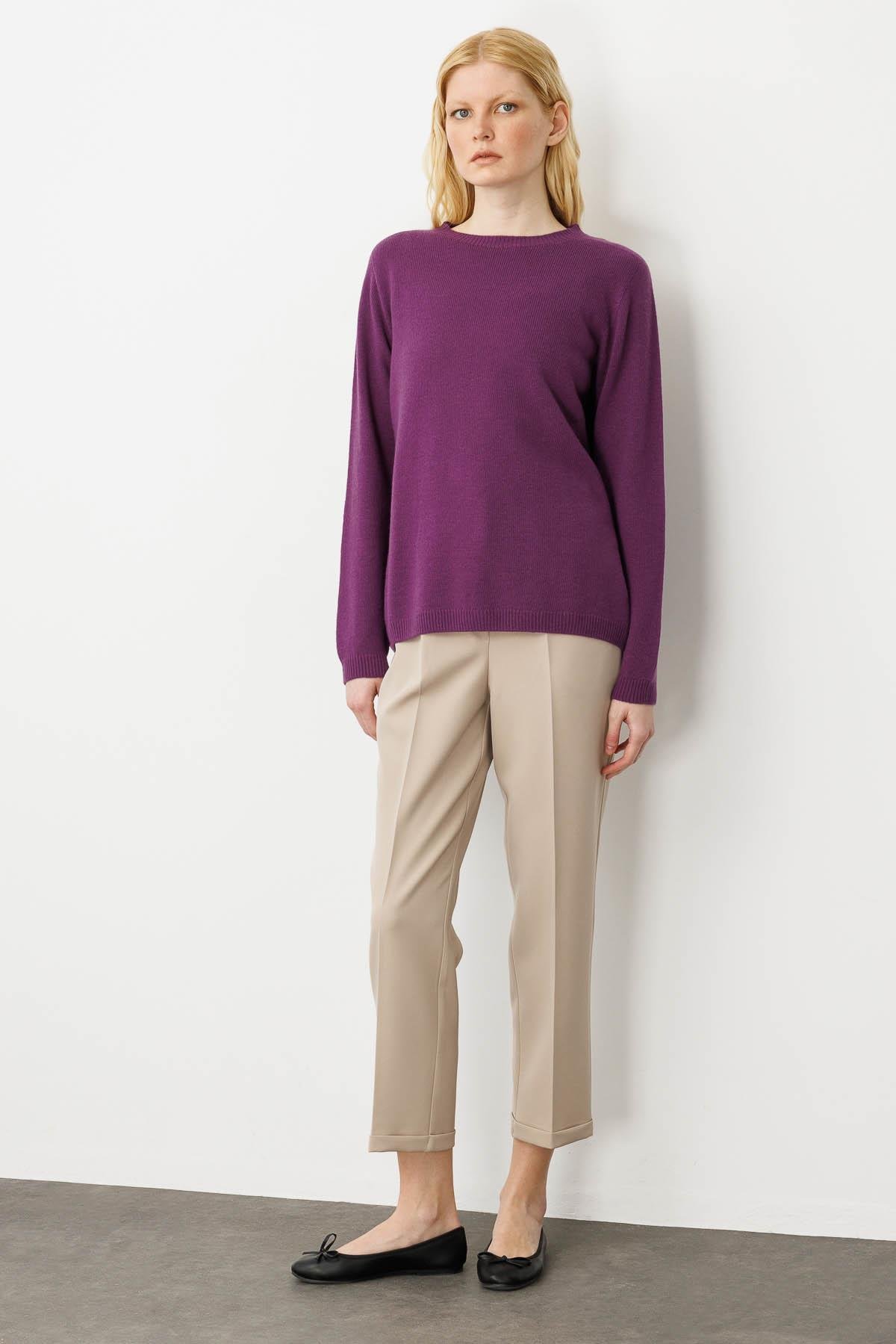 23163Kadın Sıfır Yaka Klasik Yün Kazak A.Mor