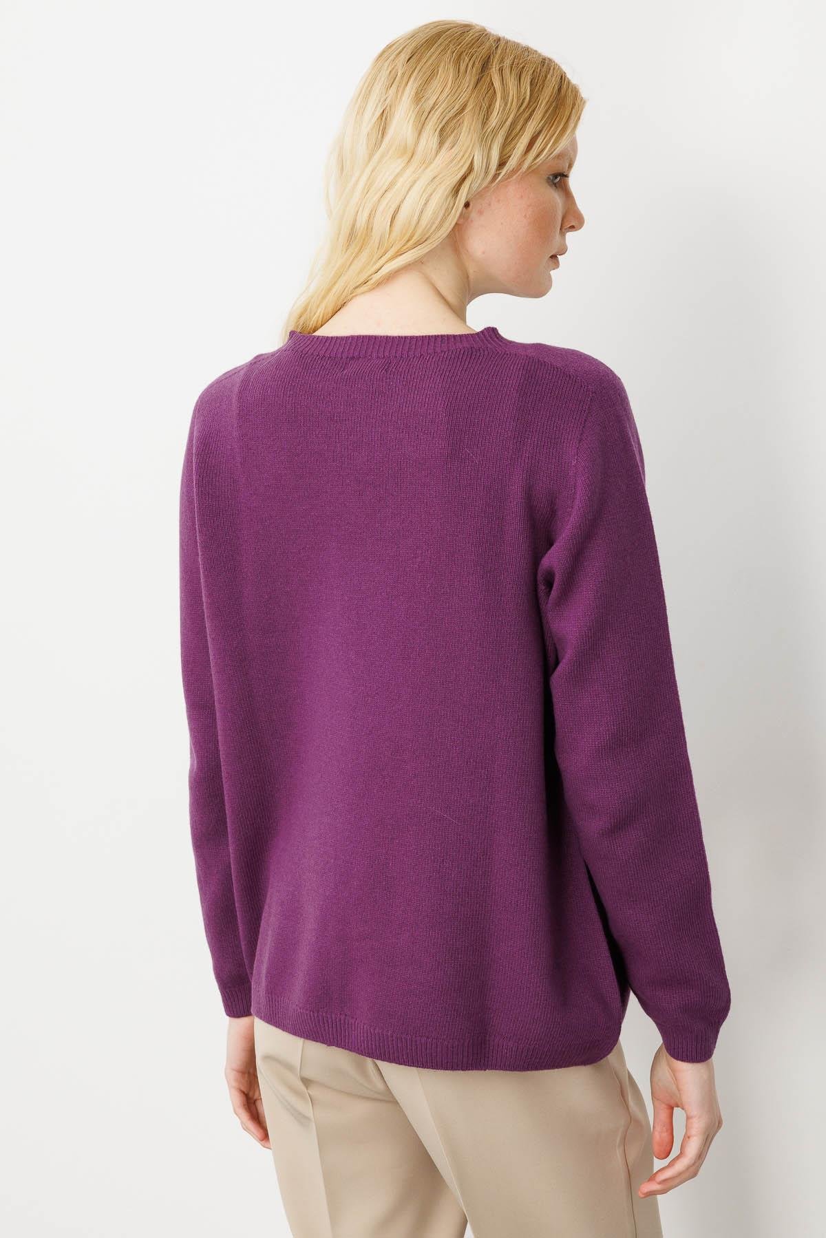 23163Kadın Sıfır Yaka Klasik Yün Kazak A.Mor