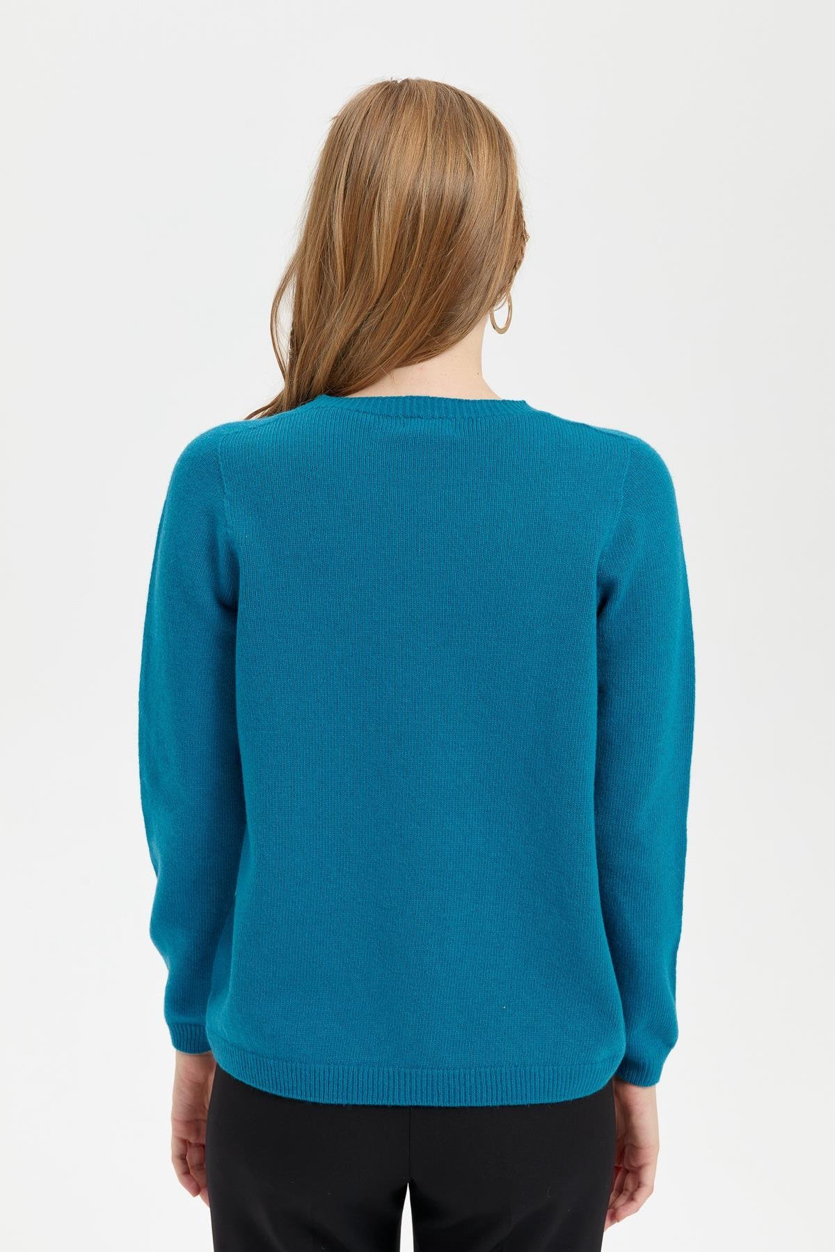 23163Kadın Sıfır Yaka Klasik Yün Kazak A.Petrol