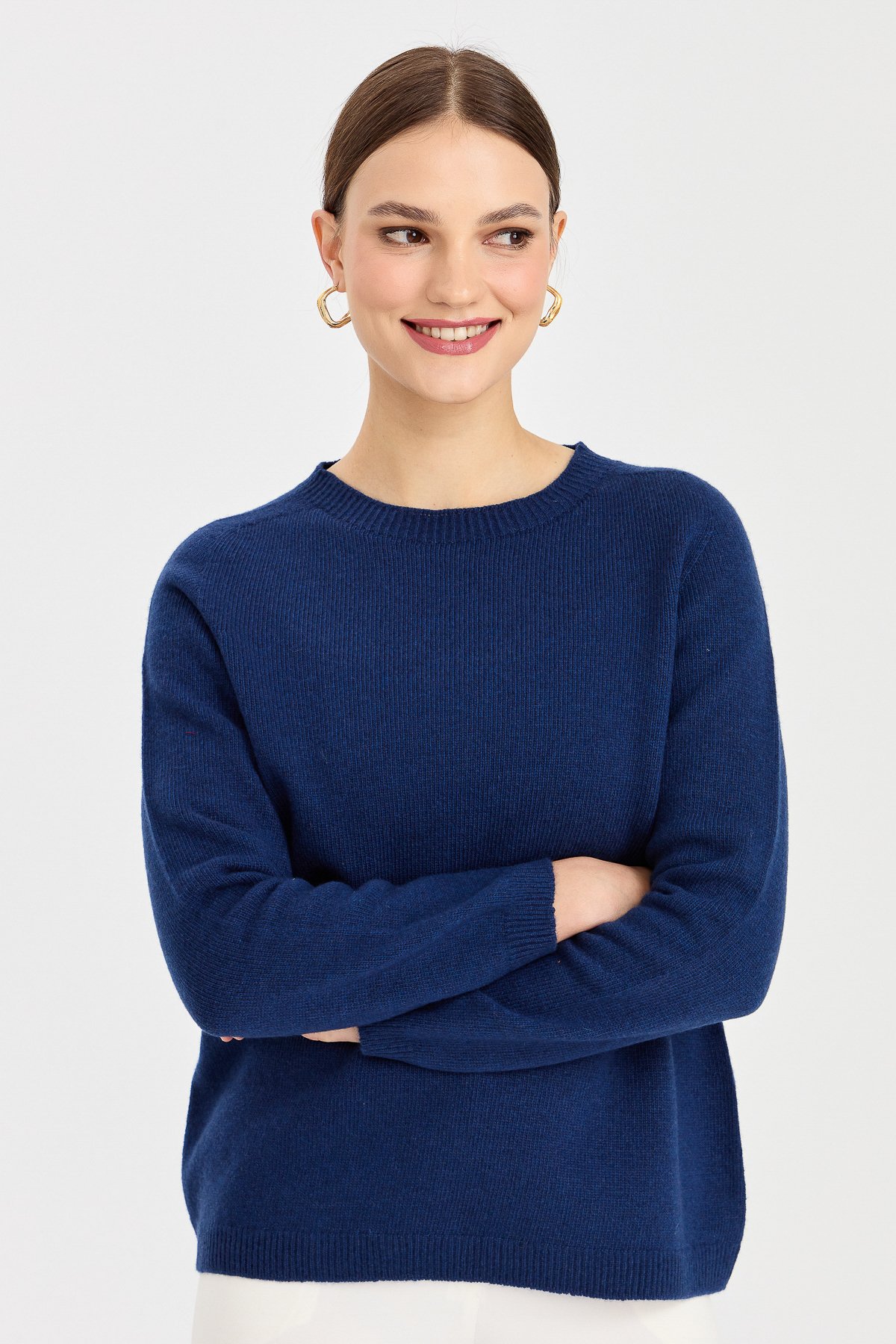 23163Kadın Sıfır Yaka Klasik Yün Kazak İndigo