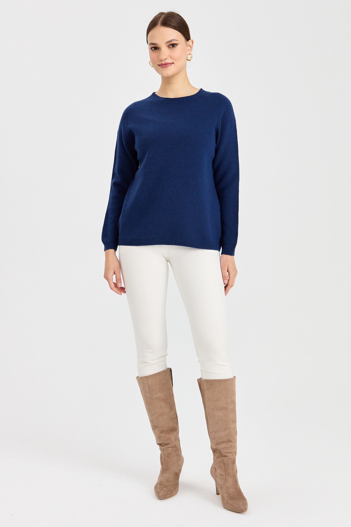 23163Kadın Sıfır Yaka Klasik Yün Kazak İndigo
