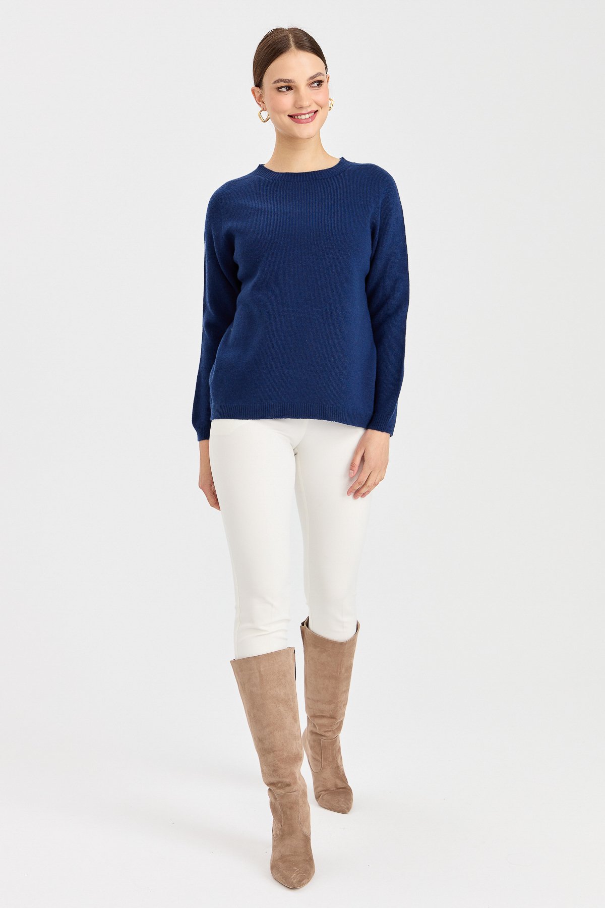 23163Kadın Sıfır Yaka Klasik Yün Kazak İndigo