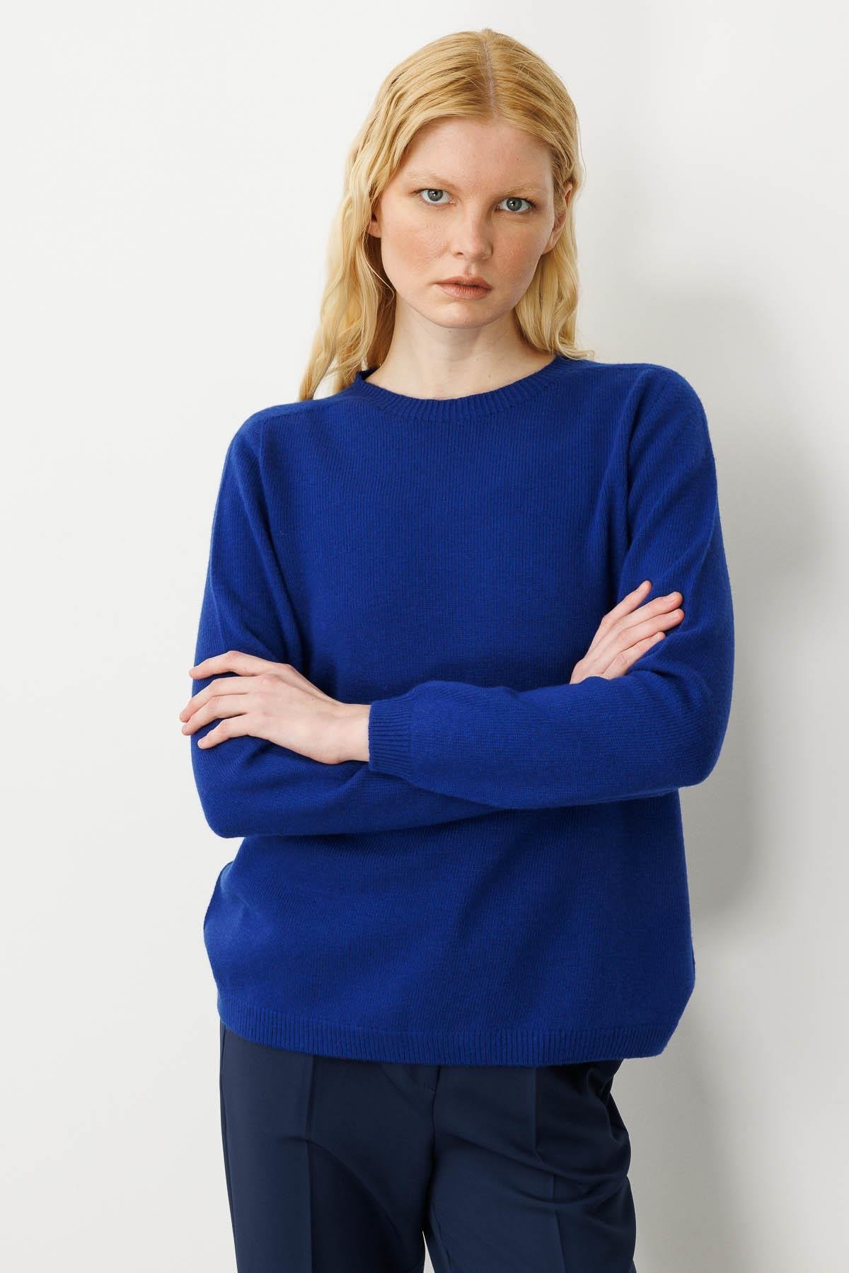 23163Kadın Sıfır Yaka Klasik Yün Kazak K.S.Mavi