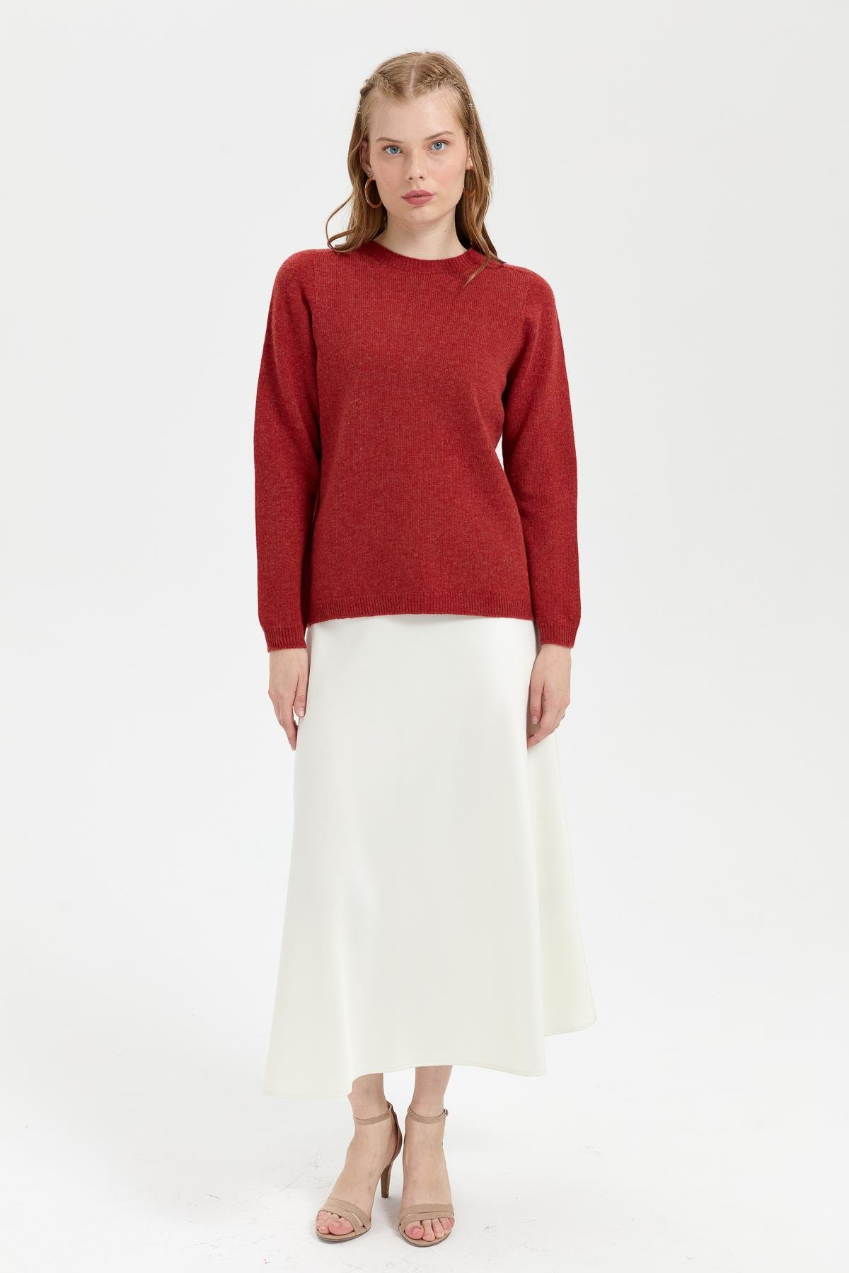 23163Kadın Sıfır Yaka Klasik Yün Kazak Kiremit